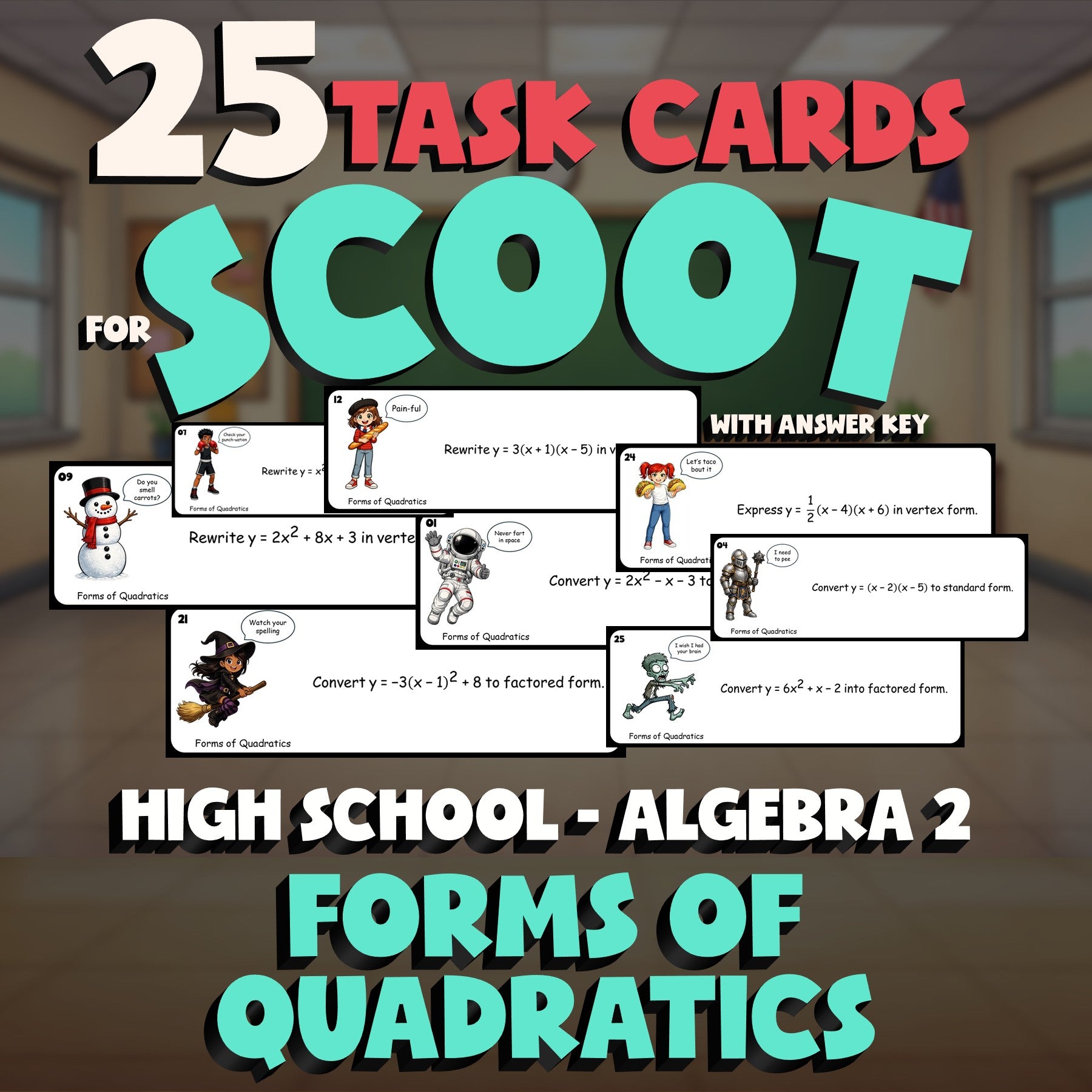 Forms of Quadratics SCOOT TASK CARDS Math Game - No Prep Algebra 2 Review