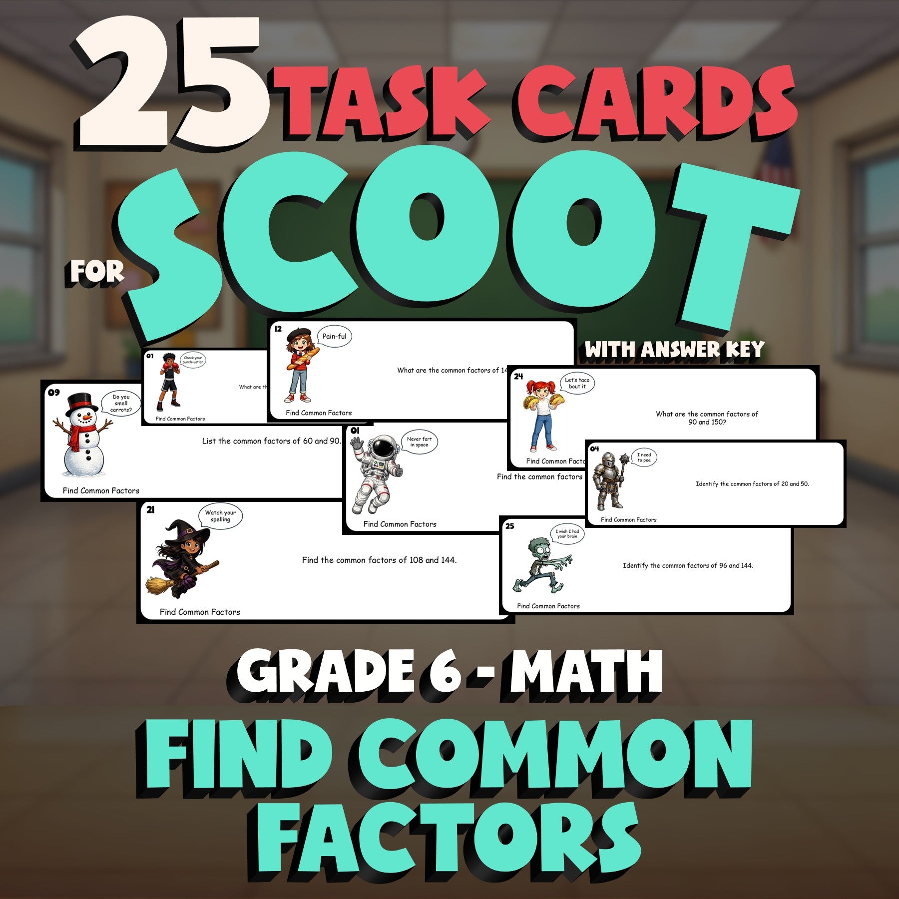 Find Common Factors SCOOT TASK CARDS Math Game - No Prep Grade 6 Review Activity