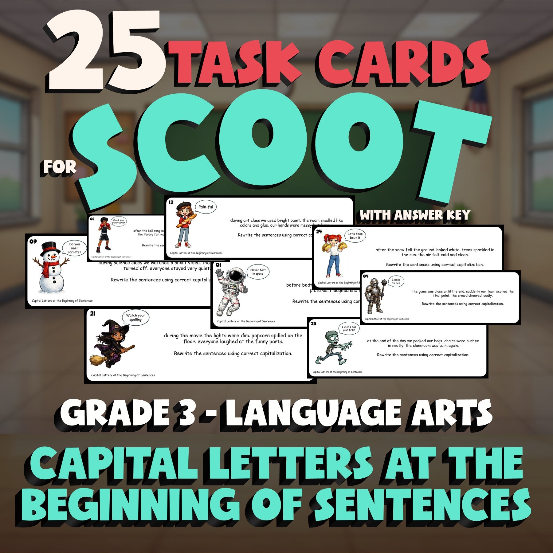Capital Letters at the Beginning of Sentences SCOOT TASK CARDS ELA Game Grade 3