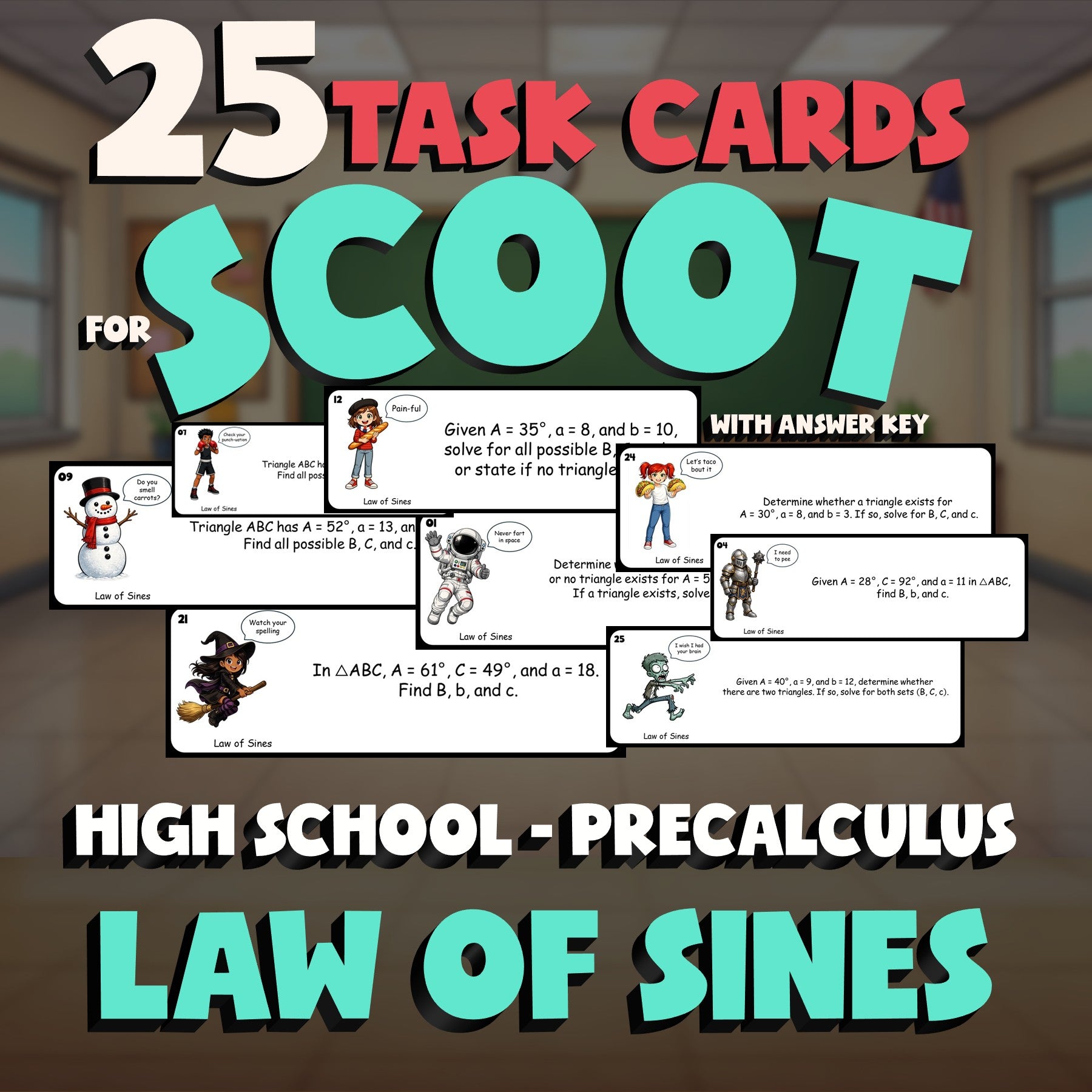 Law of Sines SCOOT TASK CARDS Math Game - No Prep PreCalculus Review Activity