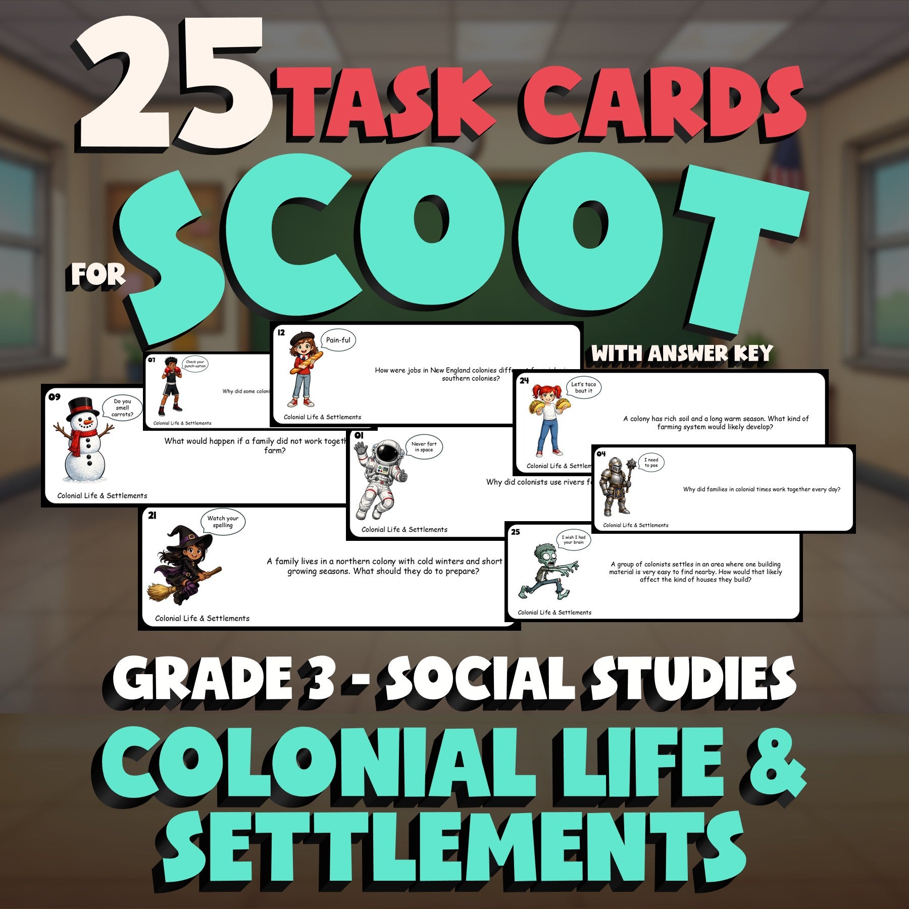 Colonial Life & Settlements SCOOT TASK CARDS Socials Game - No Prep Grade 3