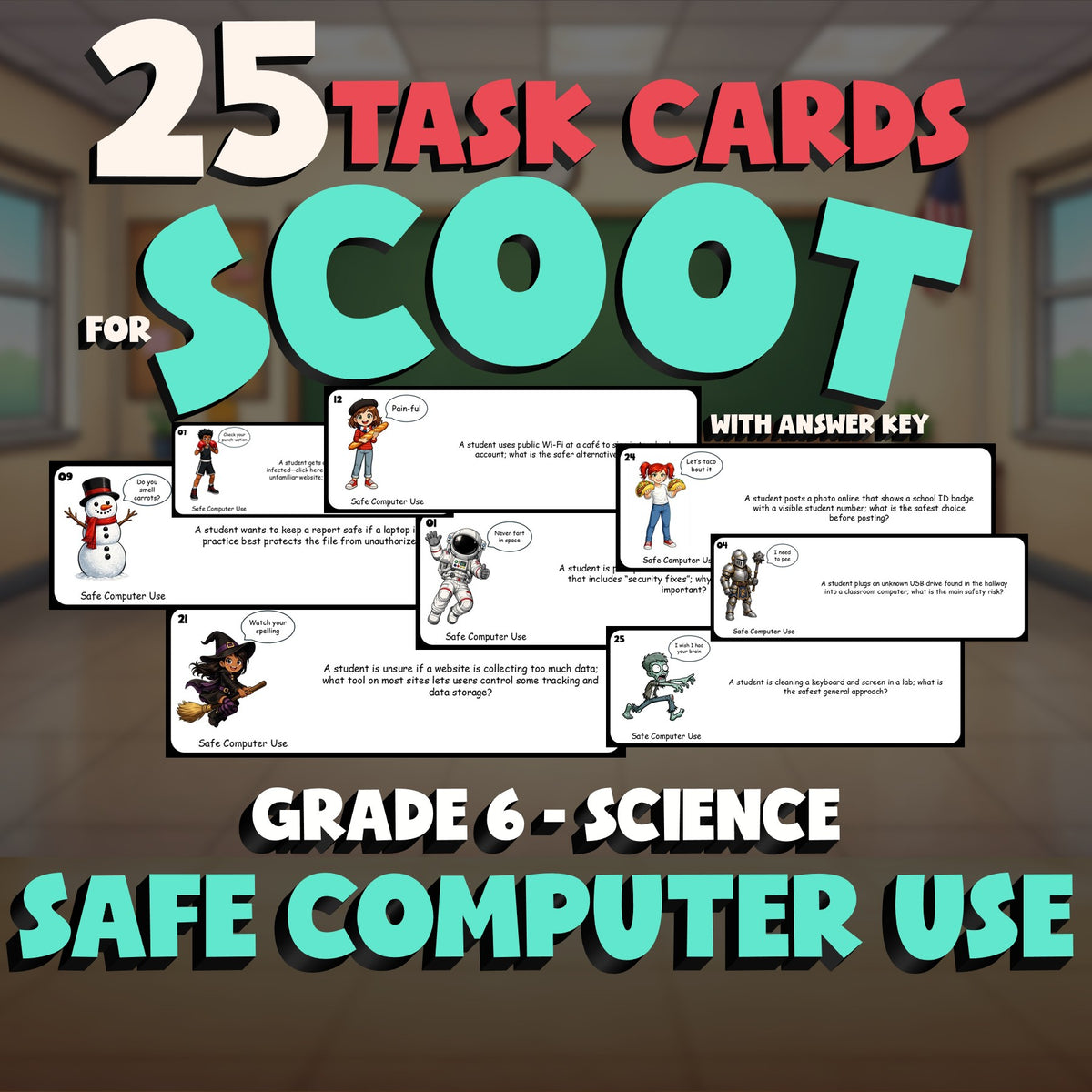 Safe Computer Use SCOOT TASK CARDS Science Game - No Prep Grade 6 Review