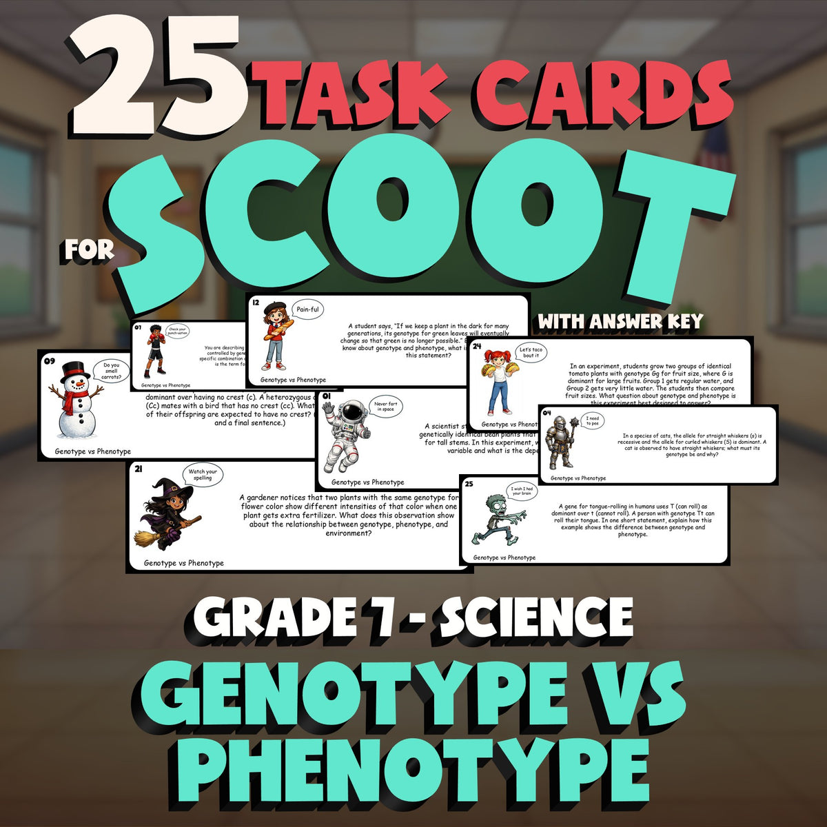 Genotype vs Phenotype SCOOT TASK CARDS Science Game - No Prep Grade 7 Review
