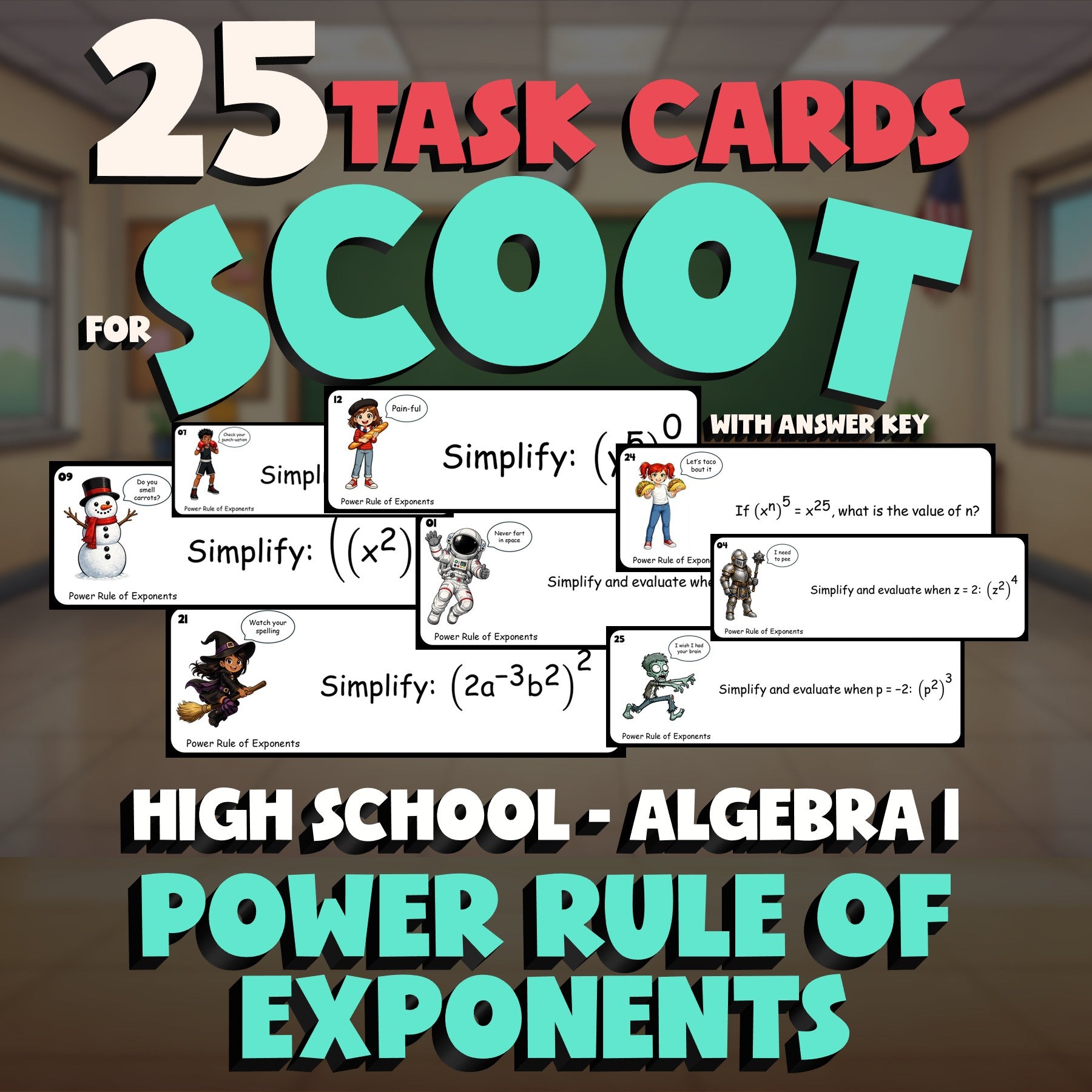 Power Rule of Exponents SCOOT TASK CARDS Math Game - No Prep Algebra 1 Review