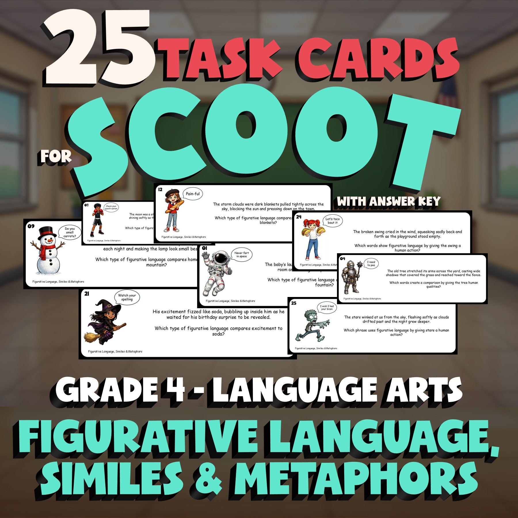 Figurative Language, Similes & Metaphors SCOOT TASK CARDS ELA Game - Grade 4