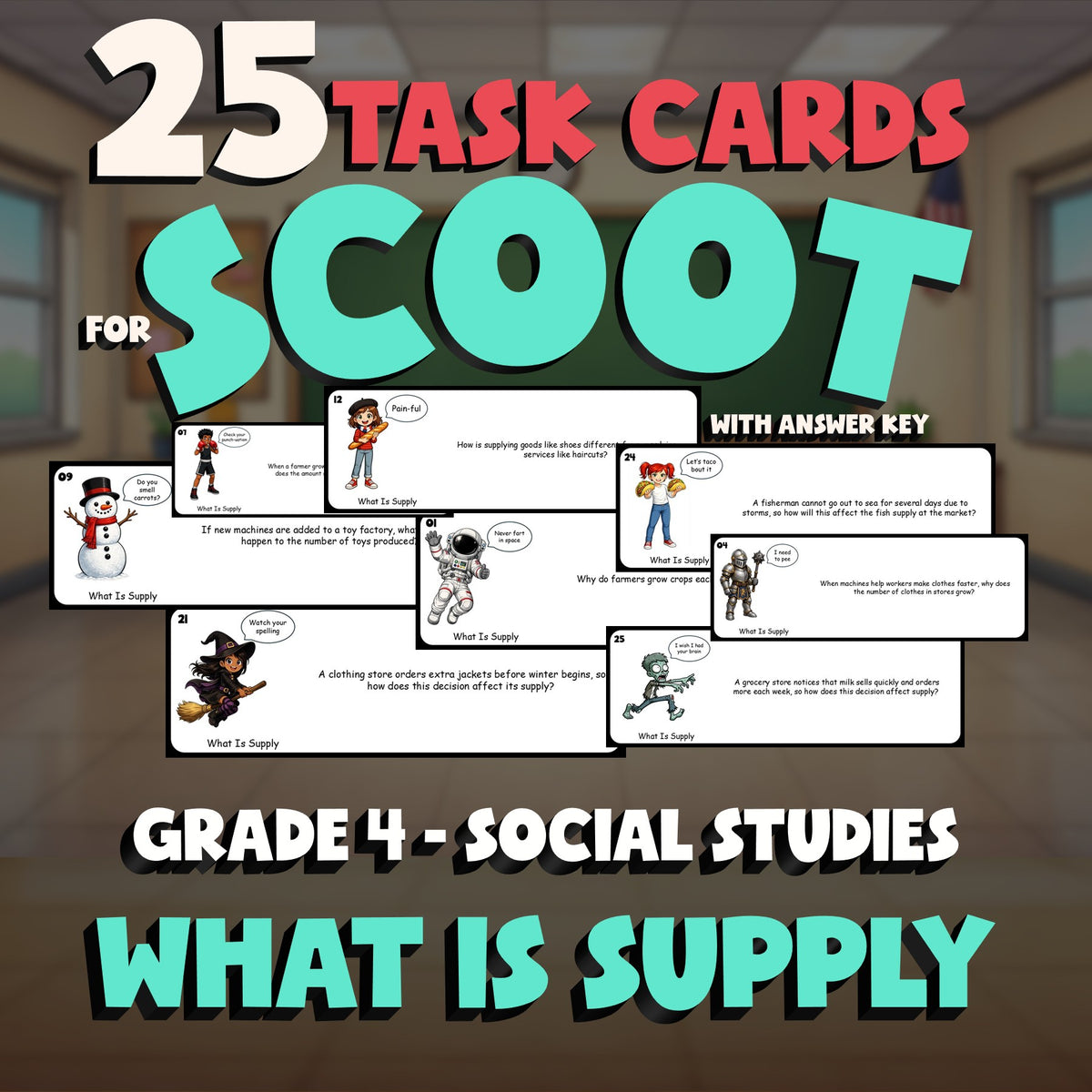 What Is Supply SCOOT TASK CARDS Socials Game - No Prep Grade 4 Review Activity