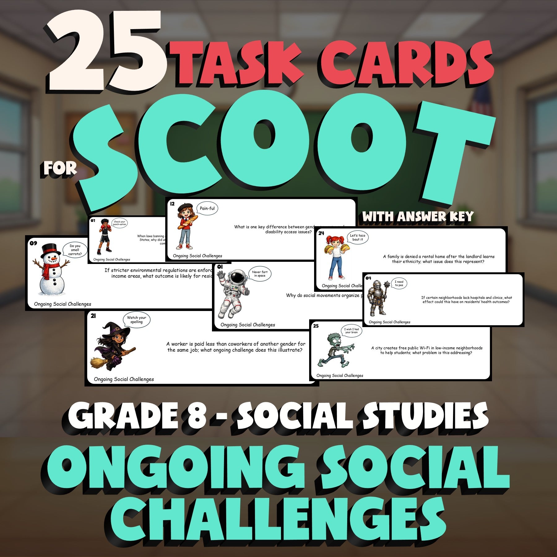 Ongoing Social Challenges SCOOT TASK CARDS Socials Game - No Prep Grade 8 Review