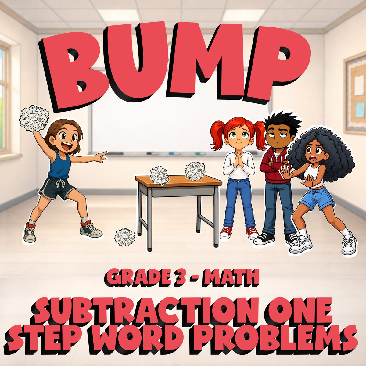 Subtraction One Step Word Problems BUMP Math Game - No Prep Grade 3 Review