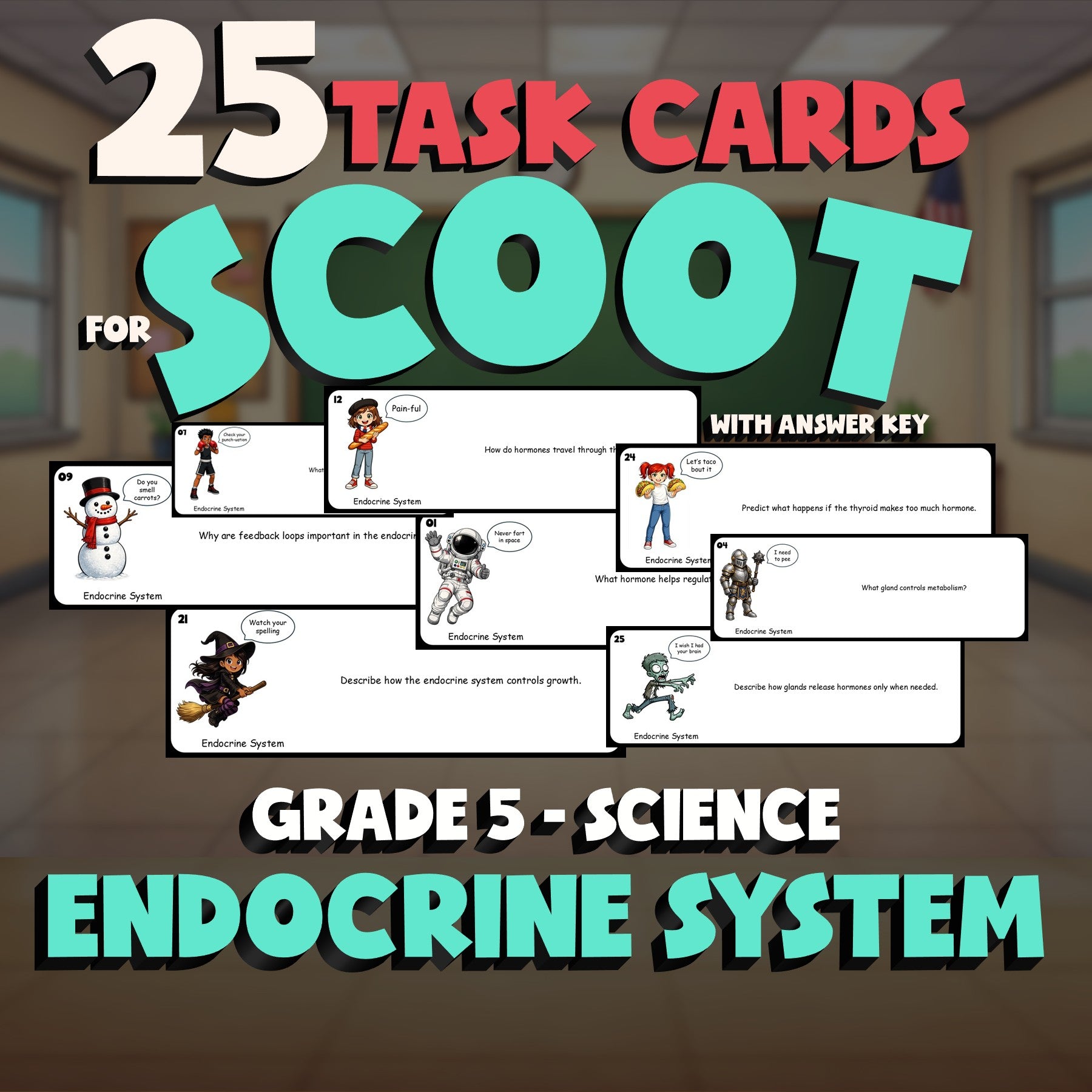 Endocrine System SCOOT TASK CARDS Science Game - No Prep Grade 5 Review Activity