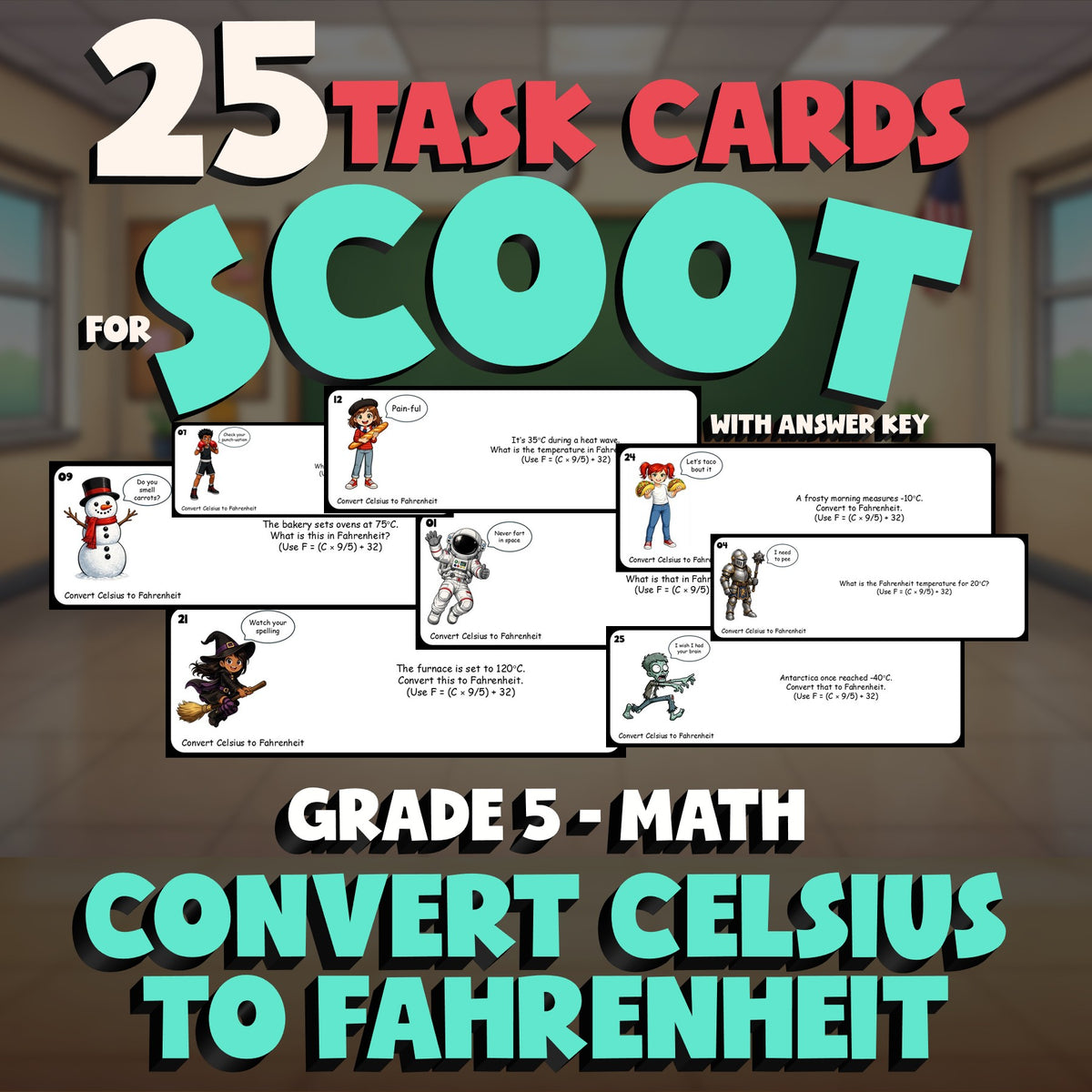 Convert Celsius to Fahrenheit SCOOT TASK CARDS Math Game - No Prep Grade 5