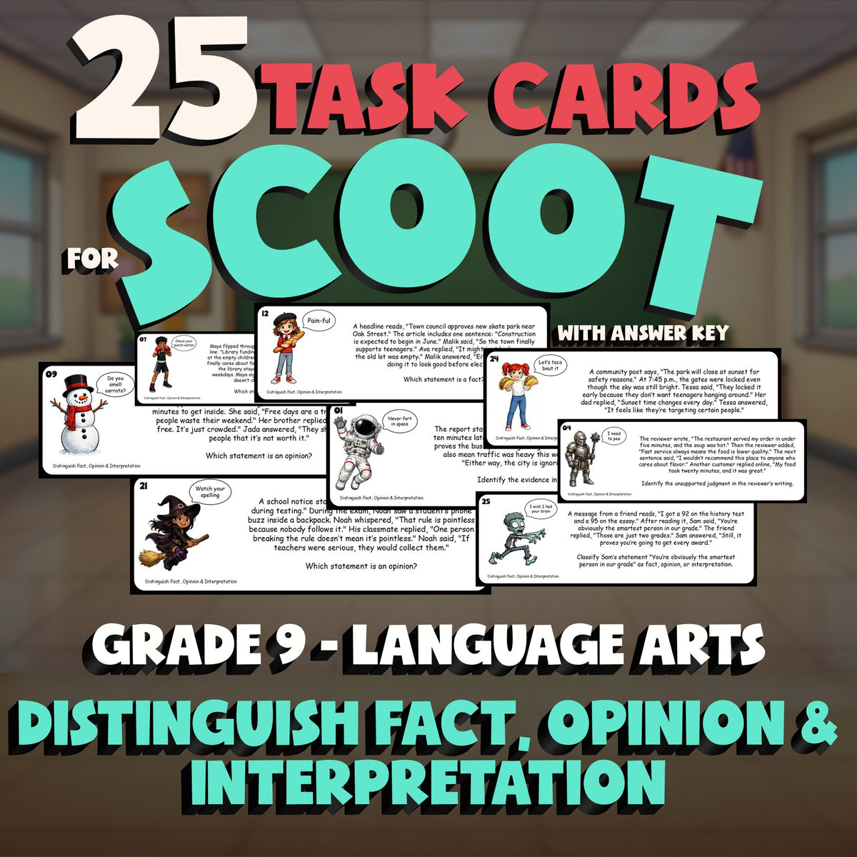 Distinguish Fact, Opinion & Interpretation SCOOT TASK CARDS ELA Game - Grade 9
