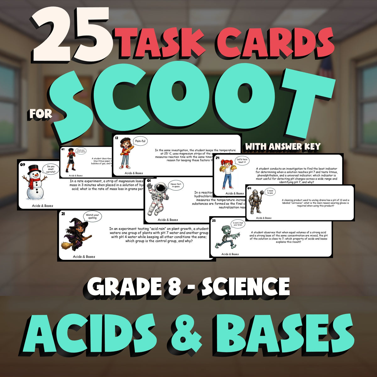 Acids & Bases SCOOT TASK CARDS Science Game - No Prep Grade 8 Review Activity