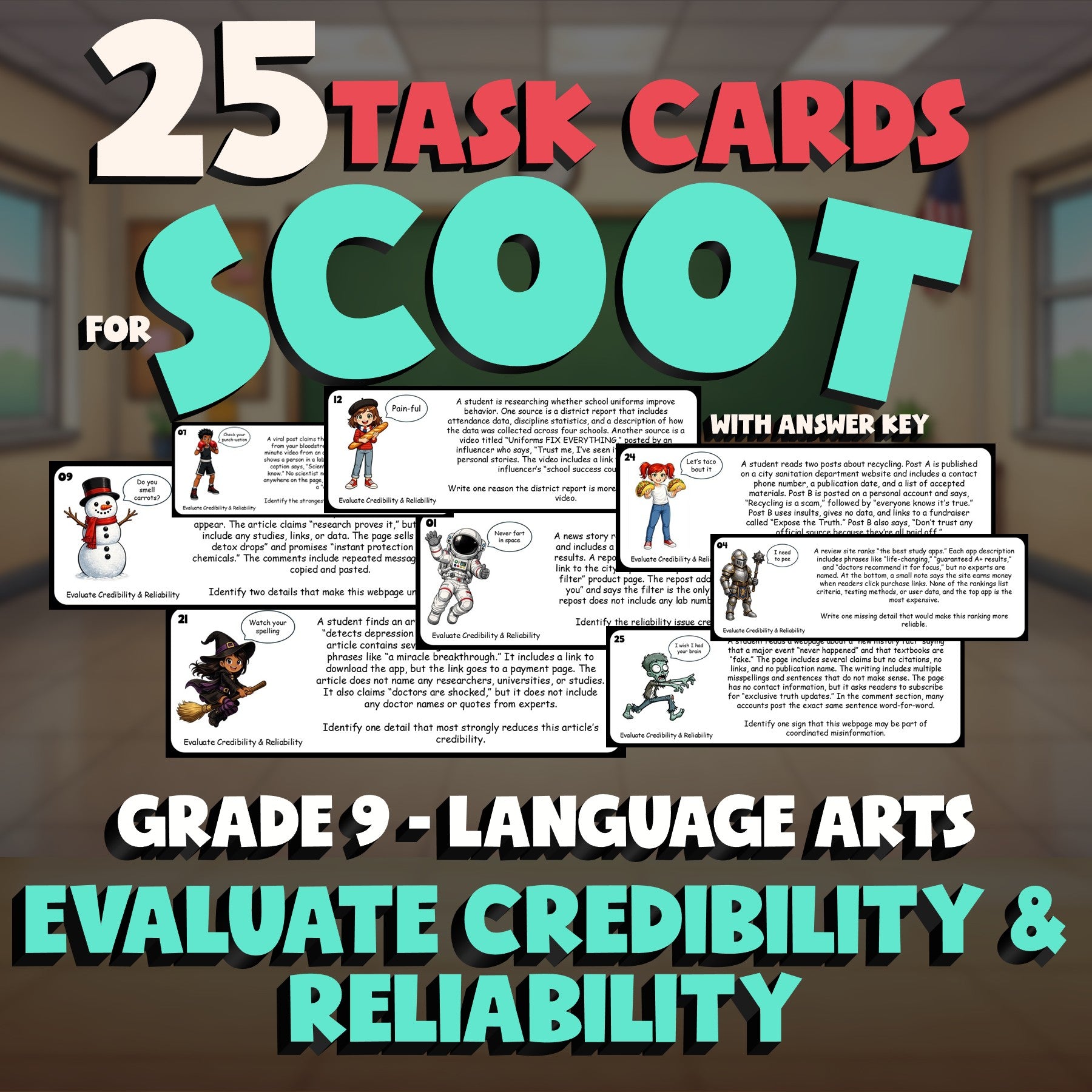 Evaluate Credibility & Reliability SCOOT TASK CARDS ELA Game - No Prep Grade 9