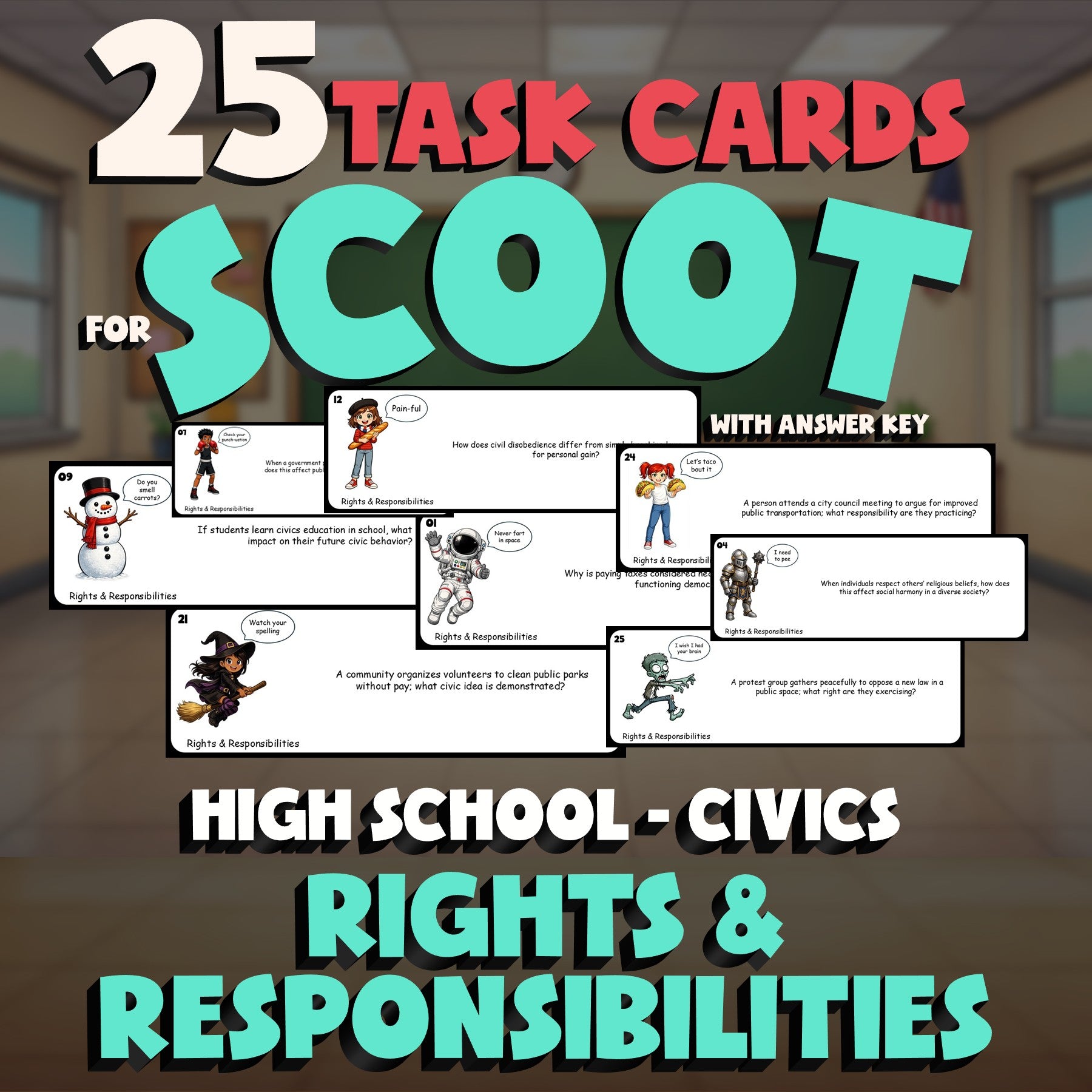 Rights & Responsibilities SCOOT TASK CARDS Civics Game - No Prep Review Activity