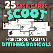 Dividing Radicals SCOOT TASK CARDS Math Game - No Prep Algebra 1 Review Activity