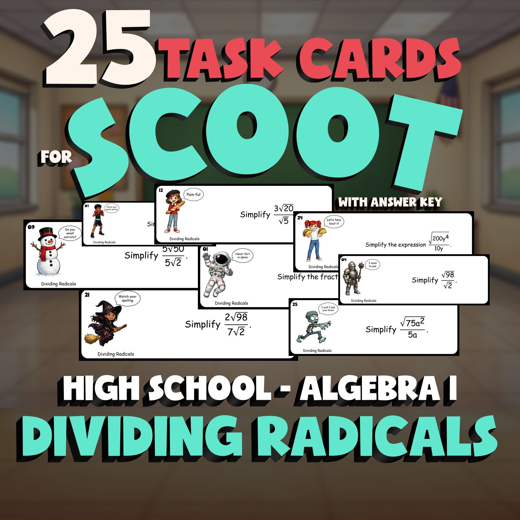 Dividing Radicals SCOOT TASK CARDS Math Game - No Prep Algebra 1 Review Activity