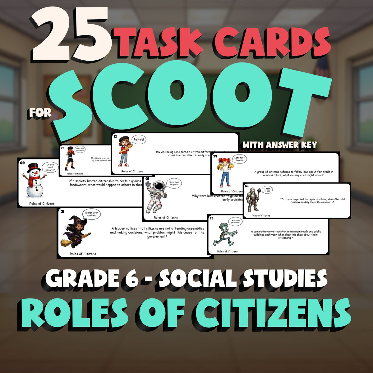 Roles of Citizens SCOOT TASK CARDS Socials Game - No Prep Grade 6 Review