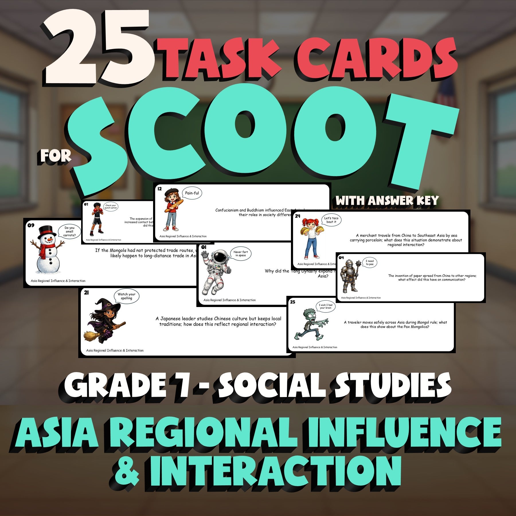 Asia Regional Influence & Interaction SCOOT TASK CARDS Socials Game - Grade 7