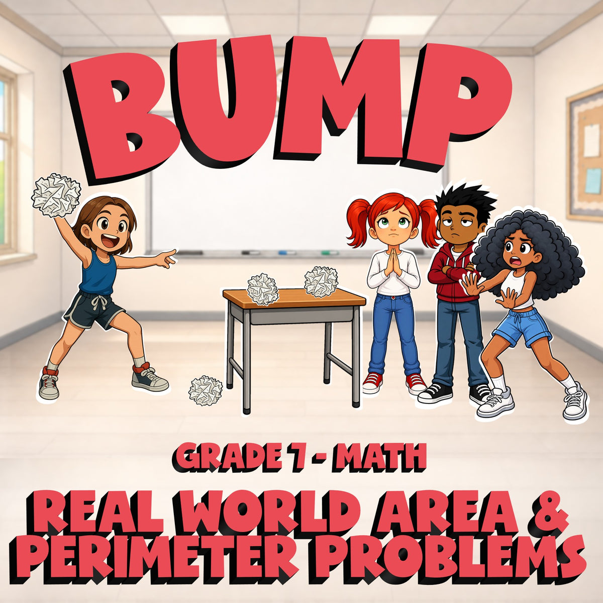 Real World Area & Perimeter Problems BUMP Math Game - No Prep Grade 7 Review