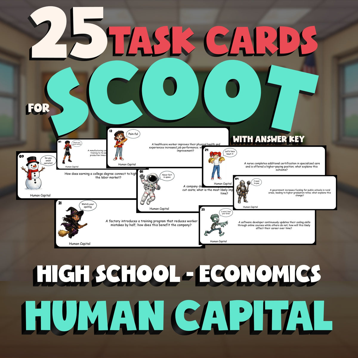 Human Capital SCOOT TASK CARDS Economics Game - No Prep Review Activity