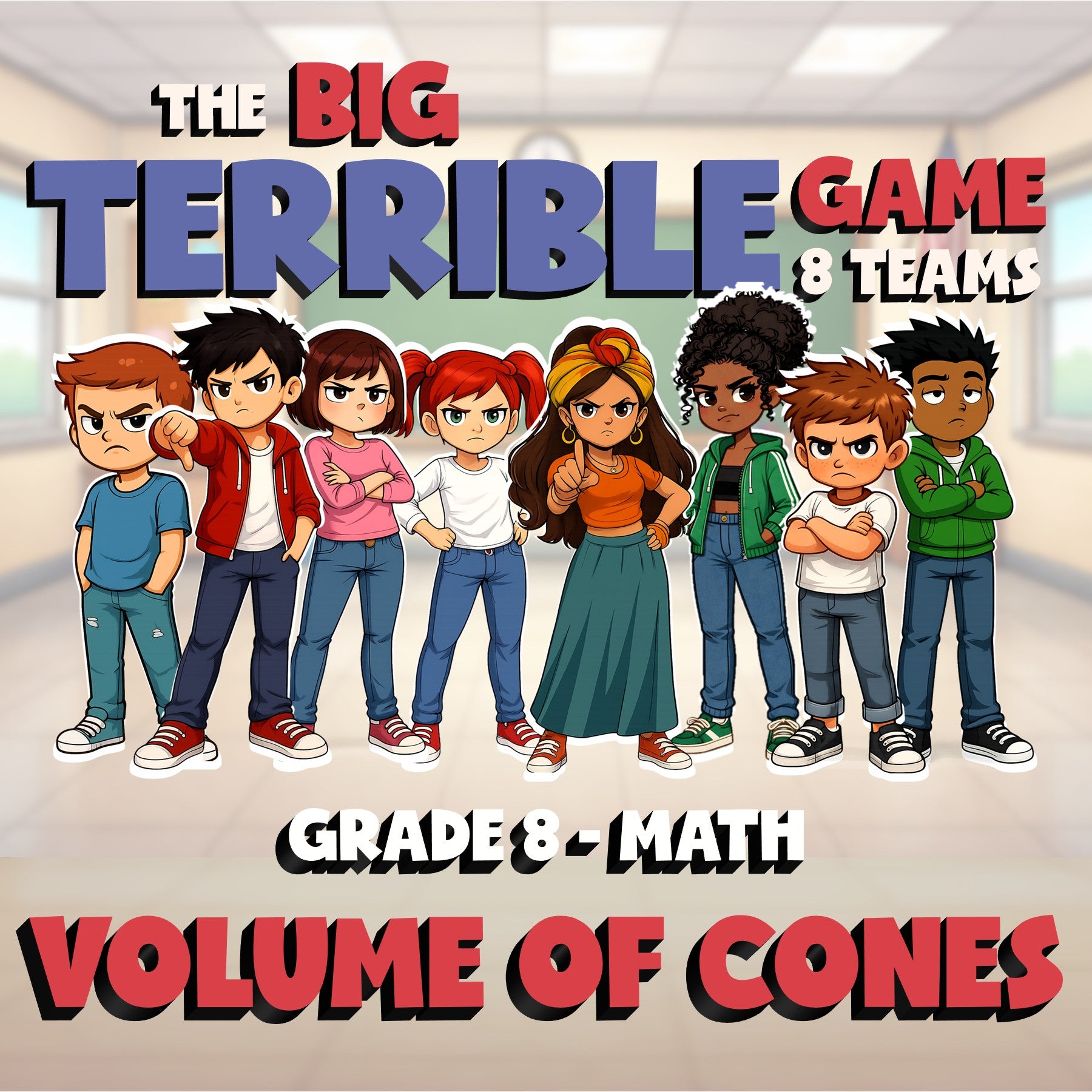 Volume of Cones BIG TERRIBLE GAME - No Prep Grade 8 Math Review Activity