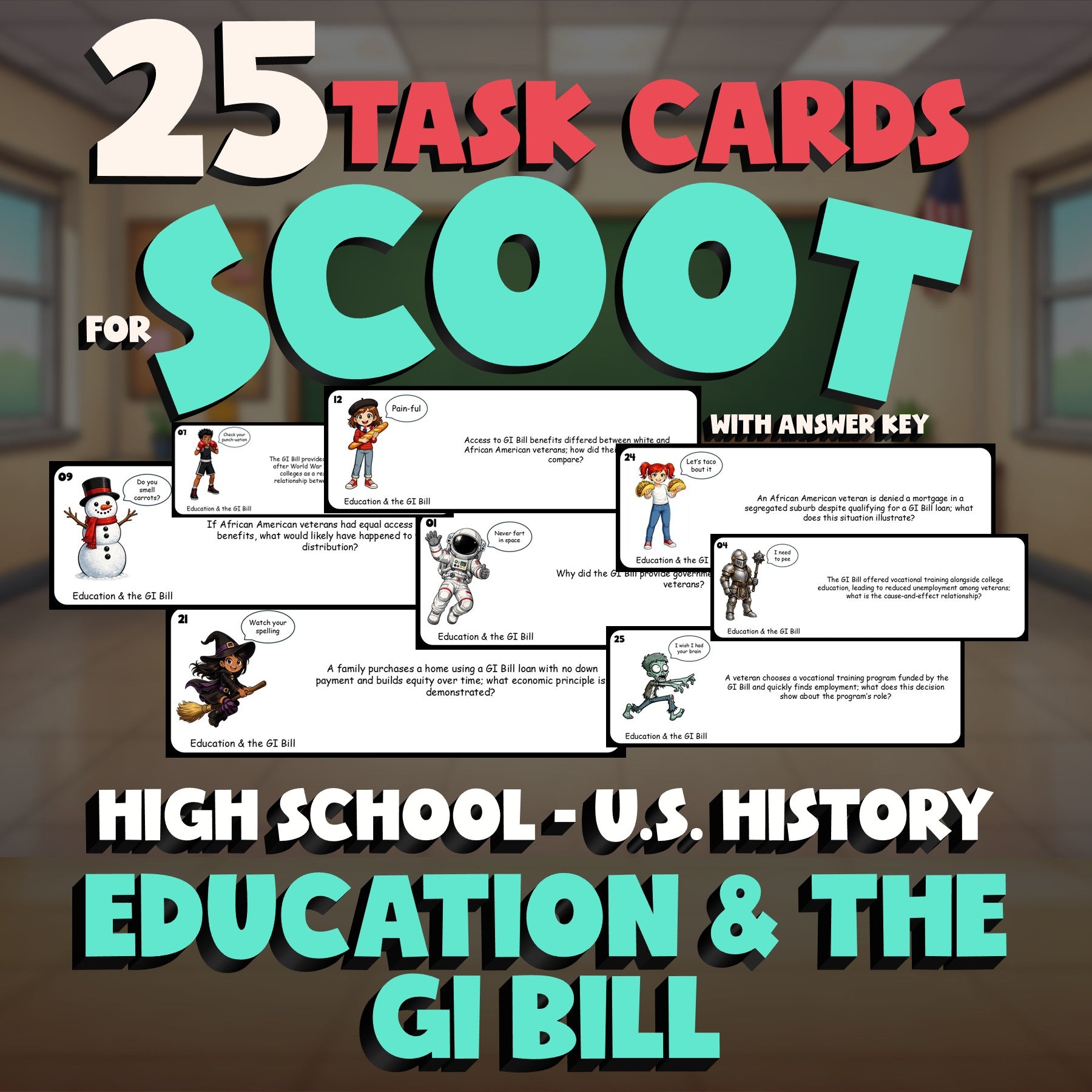Education & the GI Bill SCOOT TASK CARDS U.S. History Game - No Prep Review