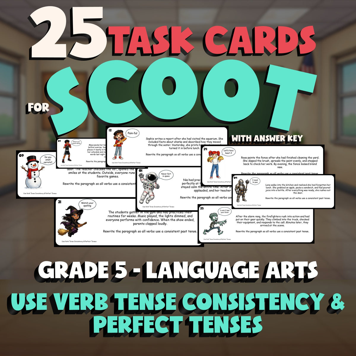 Use Verb Tense Consistency & Perfect Tenses SCOOT TASK CARDS ELA Game - Grade 5
