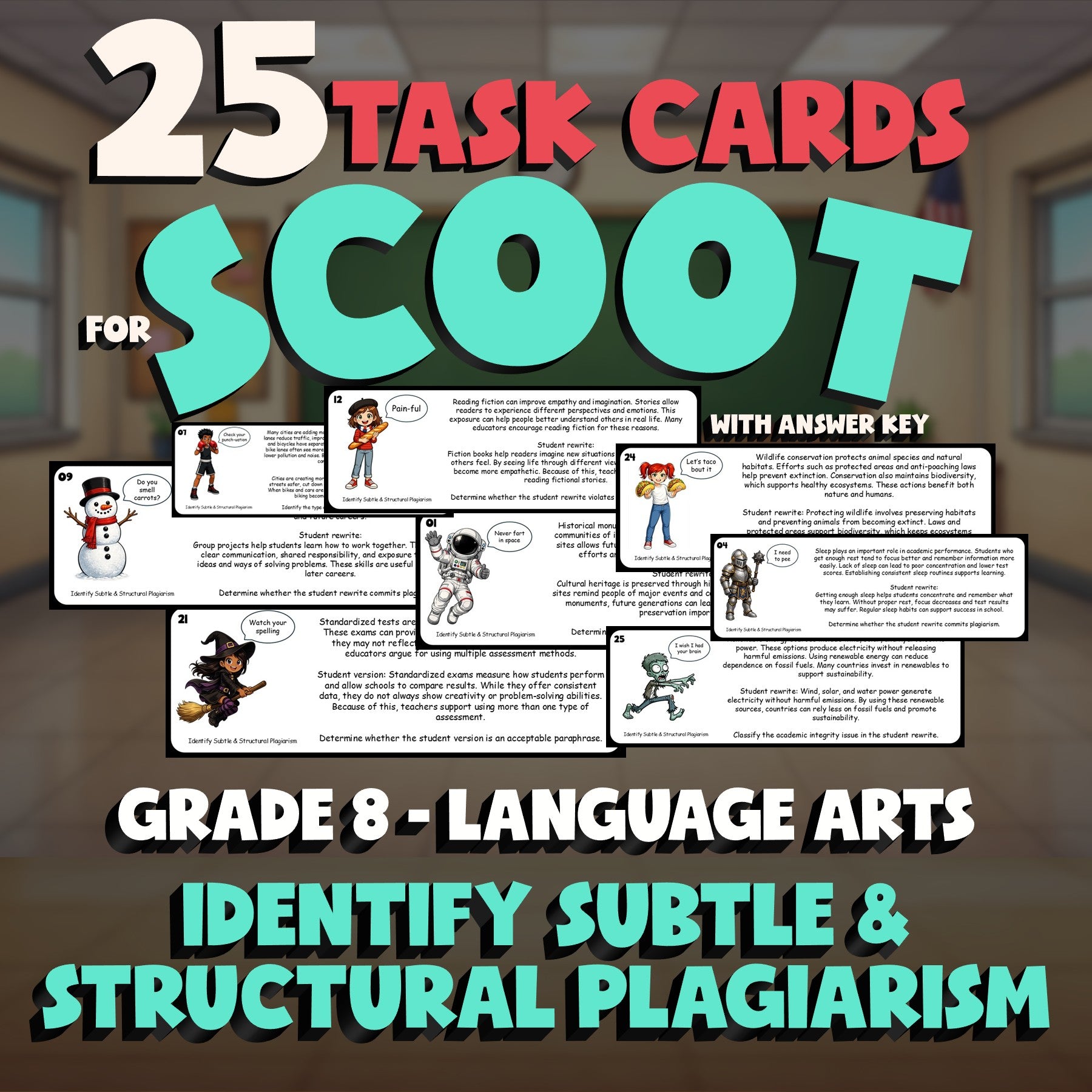 Identify Subtle & Structural Plagiarism SCOOT TASK CARDS ELA Game - Grade 8