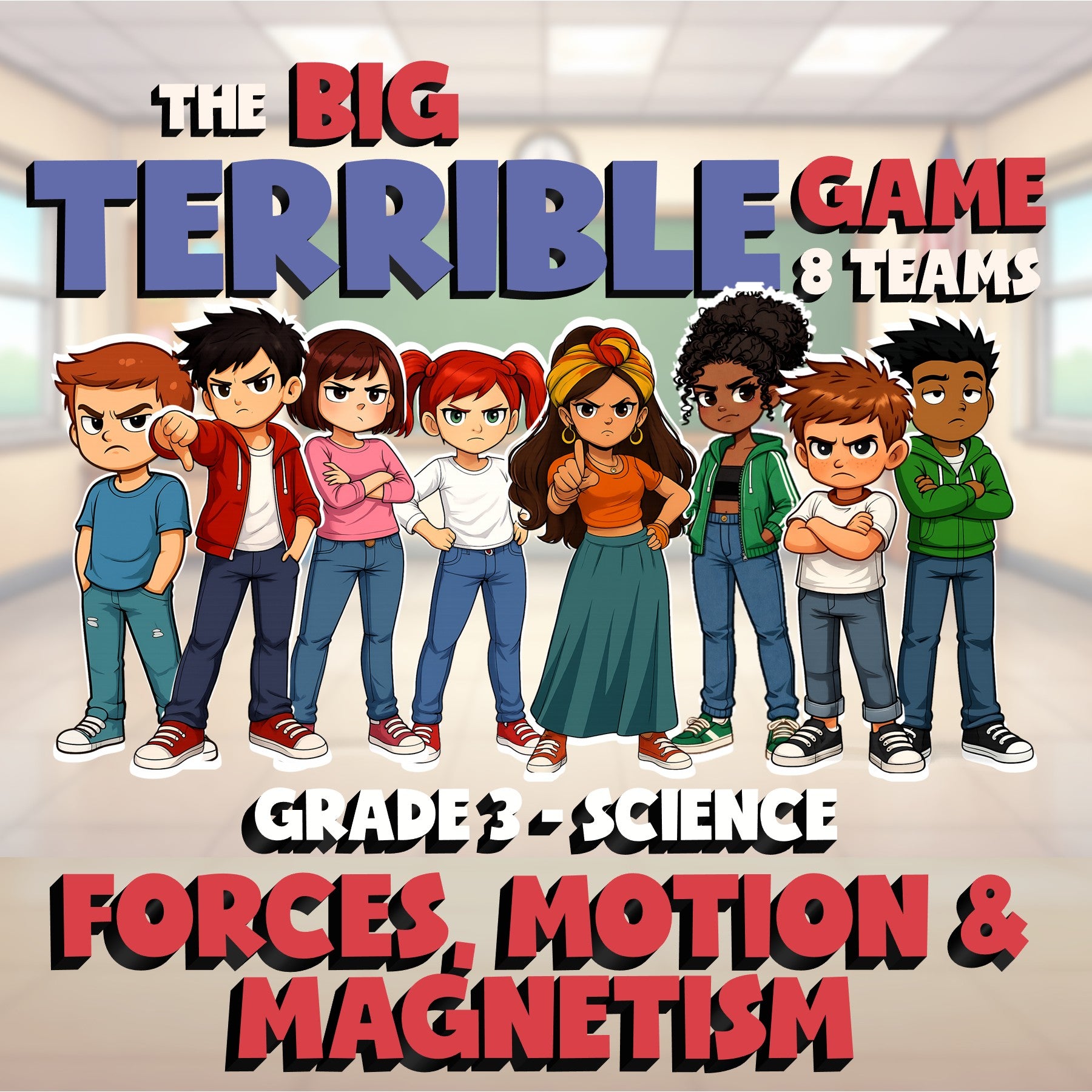 Forces, Motion & Magnetism BIG TERRIBLE GAME - No Prep Grade 3 Science Review