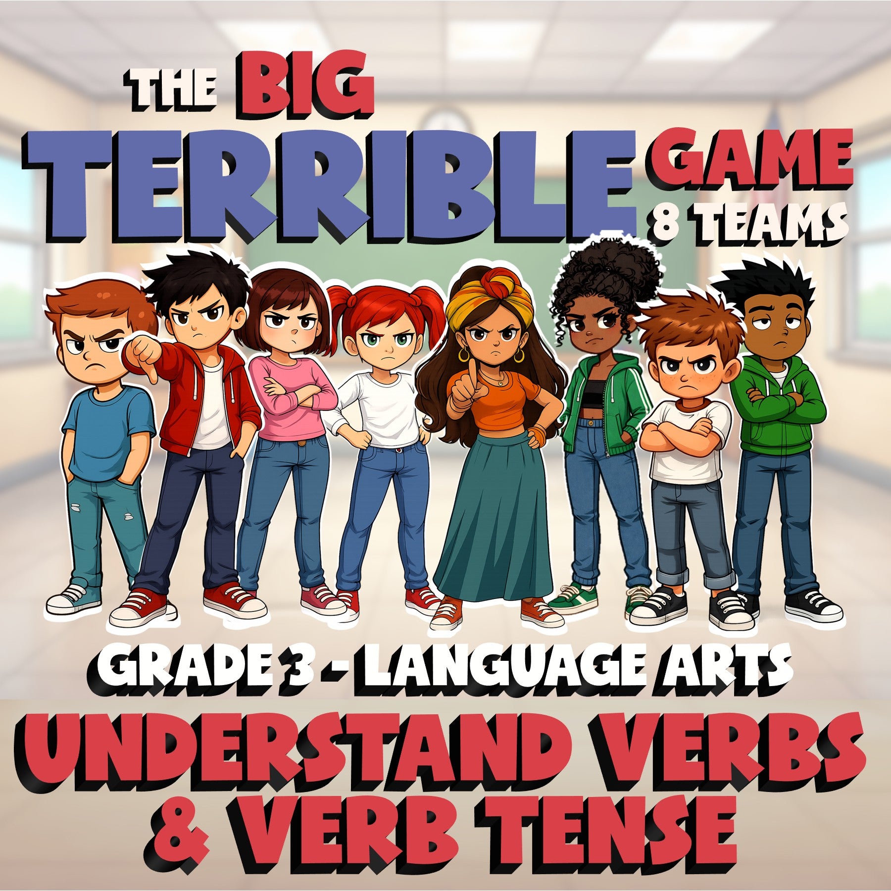 Understand Verbs & Verb Tense BIG TERRIBLE GAME - No Prep Grade 3 ELA Review