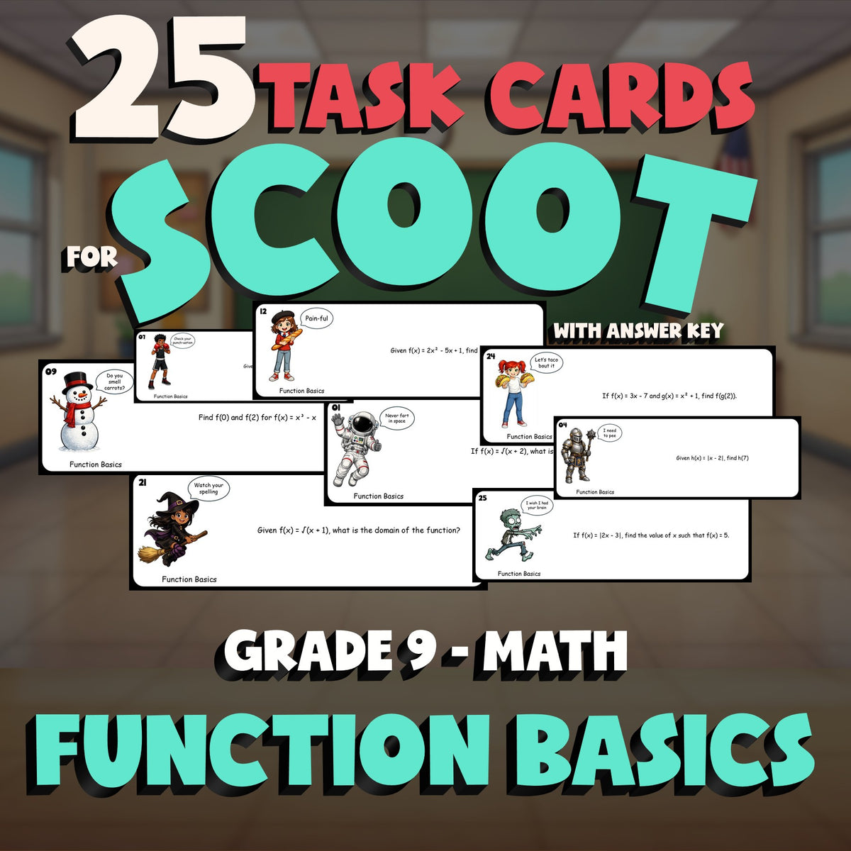Function Basics SCOOT TASK CARDS Math Game - No Prep Grade 9 Review Activity