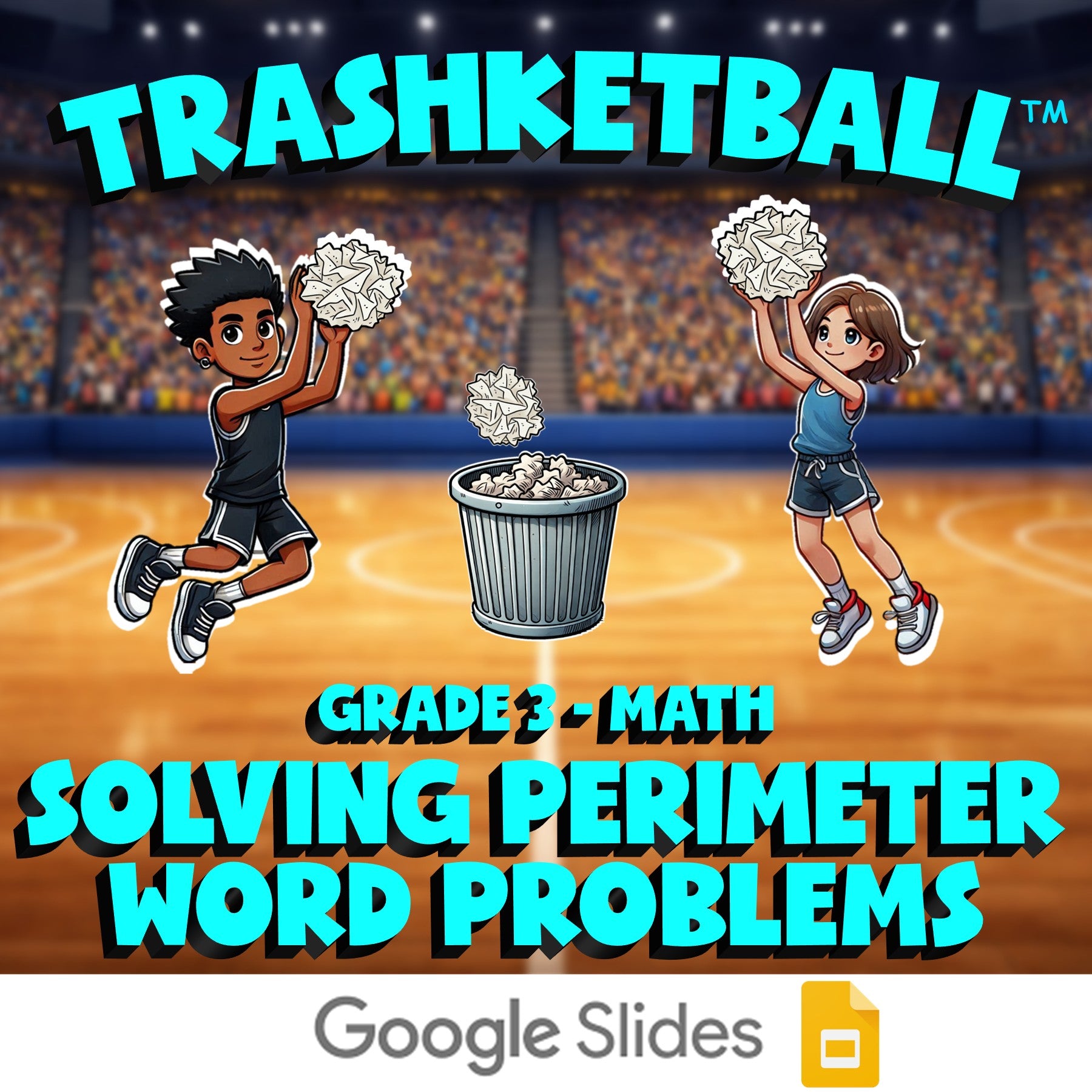 Solving Perimeter Word Problems TRASHKETBALL Math Game - No Prep Grade 3 Review