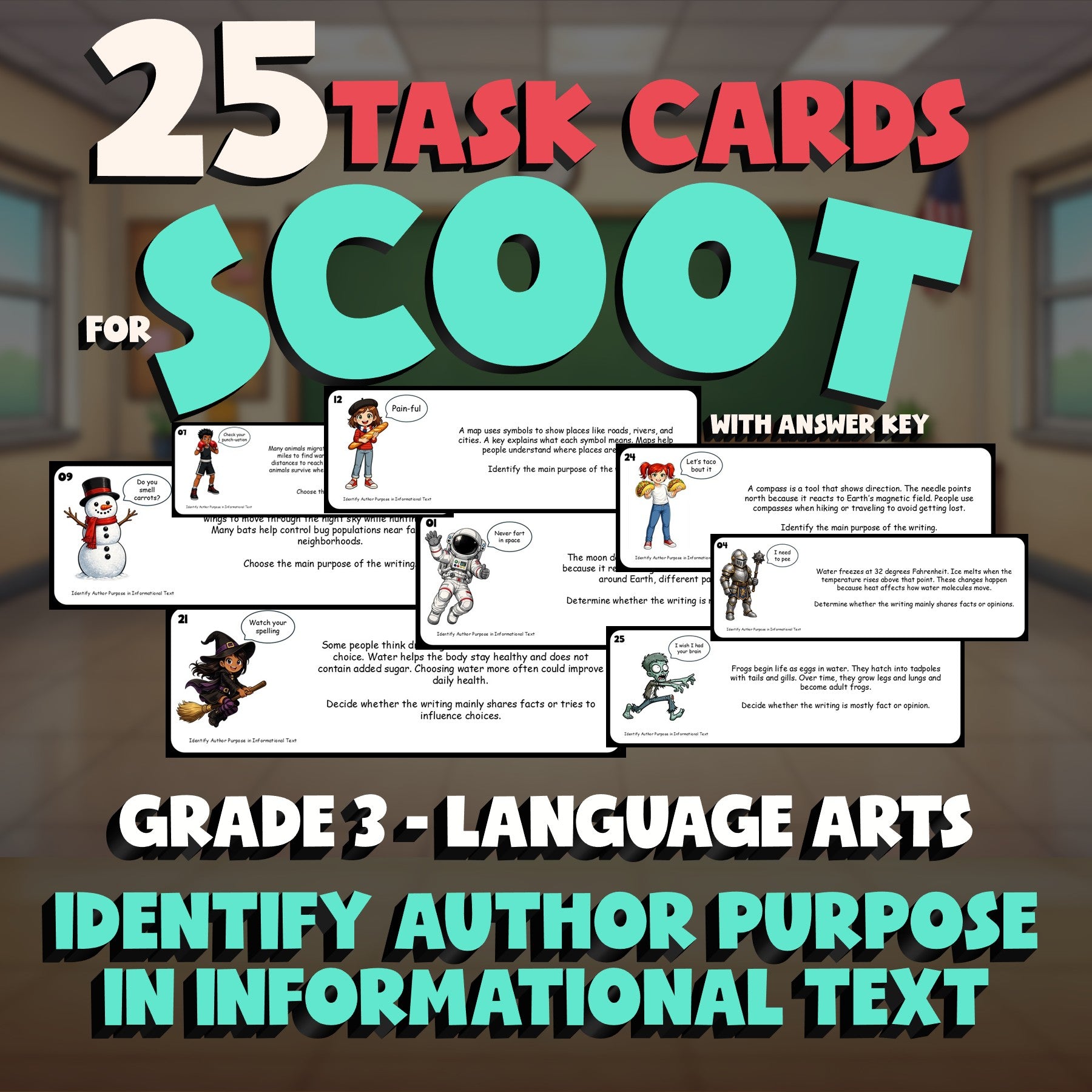 Identify Author Purpose in Informational Text SCOOT TASK CARDS ELA Game Grade 3