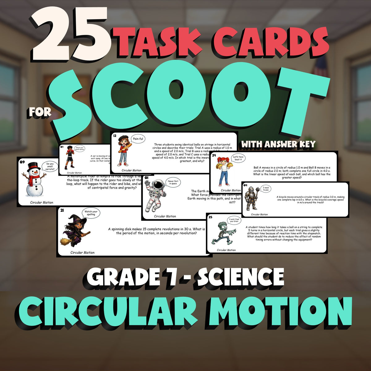 Circular Motion SCOOT TASK CARDS Science Game - No Prep Grade 7 Review Activity