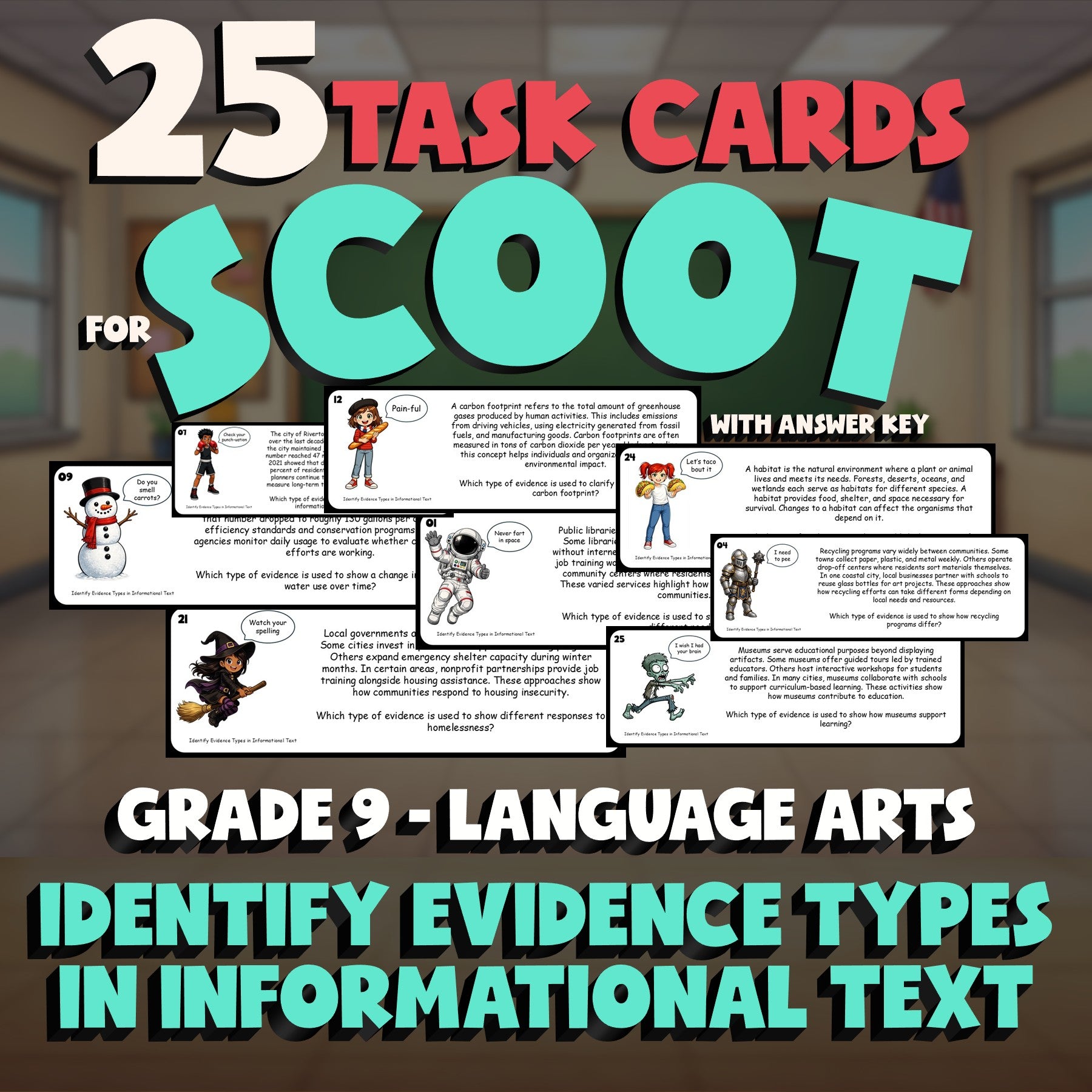 Identify Evidence Types in Informational Text SCOOT TASK CARDS ELA Game Grade 9