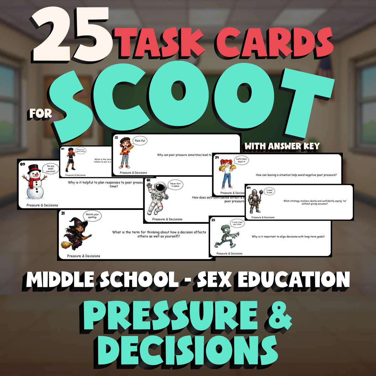 Pressure & Decisions SCOOT TASK CARDS Game - No Prep Middle School Sex Education