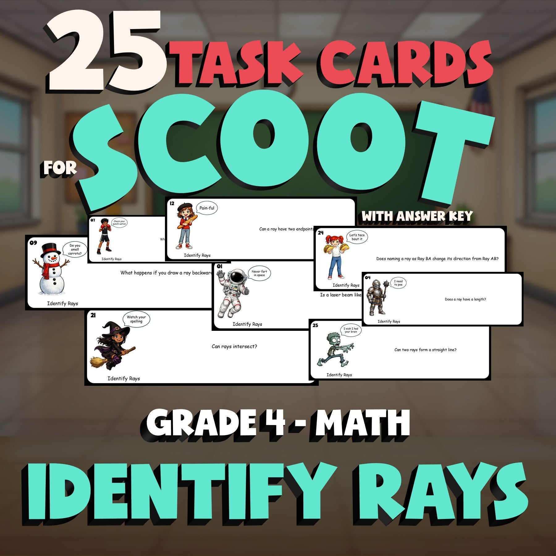 Identify Rays SCOOT TASK CARDS Math Game - No Prep Grade 4 Review Activity