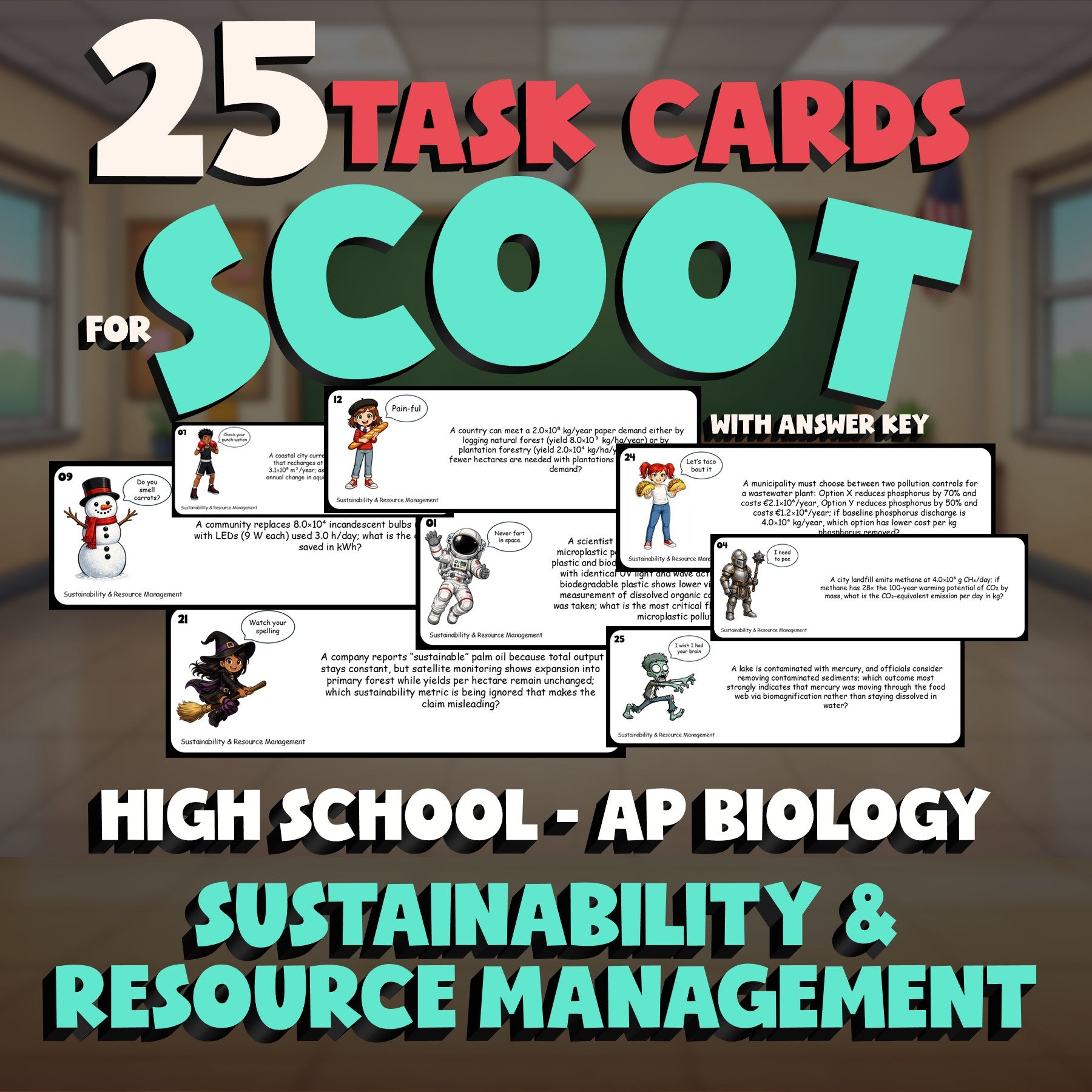 Sustainability & Resource Management SCOOT TASK CARDS Science Game - AP Biology