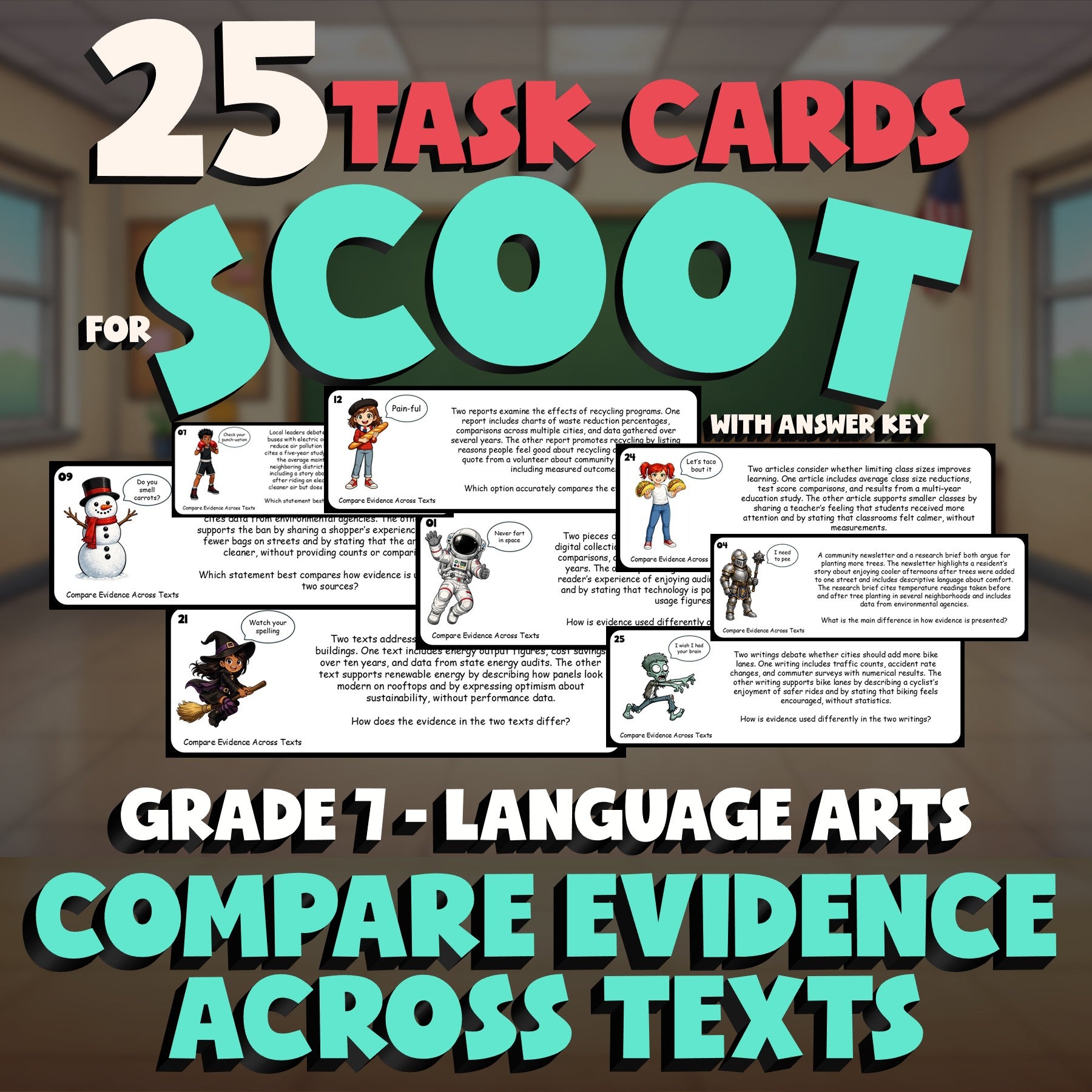 Compare Evidence Across Texts SCOOT TASK CARDS ELA Game - No Prep Grade 7 Review
