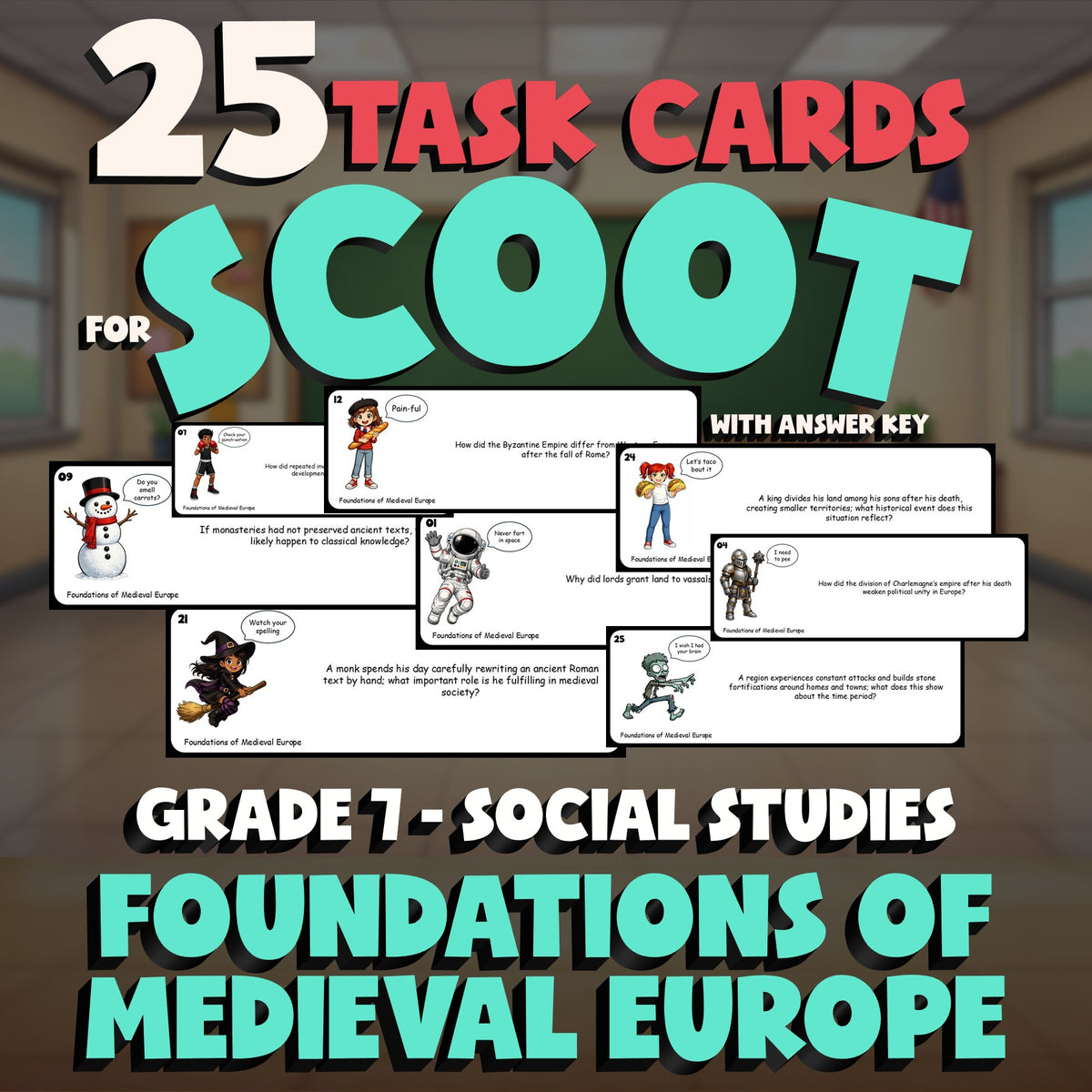 Foundations of Medieval Europe SCOOT TASK CARDS Socials Game - No Prep Grade 7
