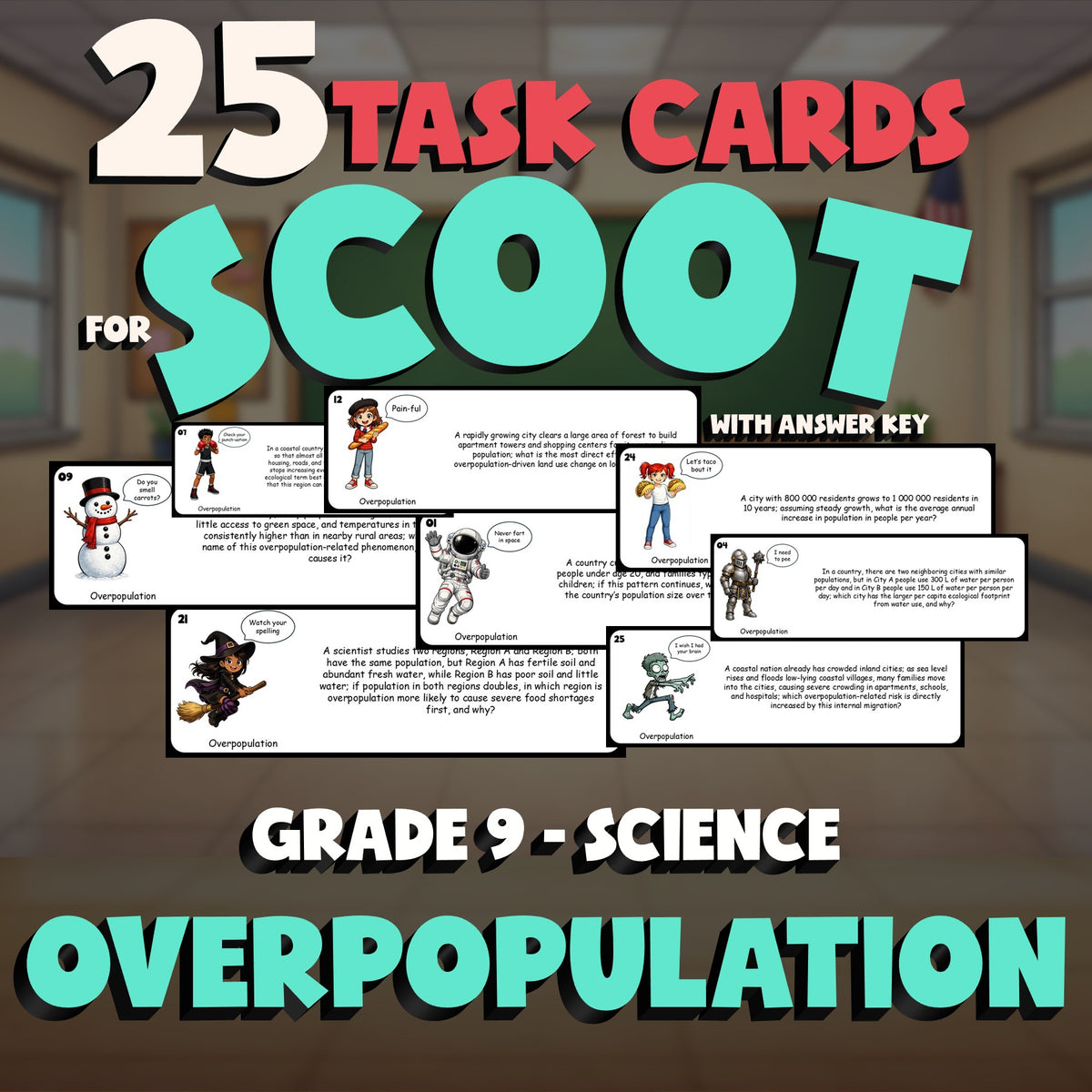Overpopulation SCOOT TASK CARDS Science Game - No Prep Grade 9 Review Activity