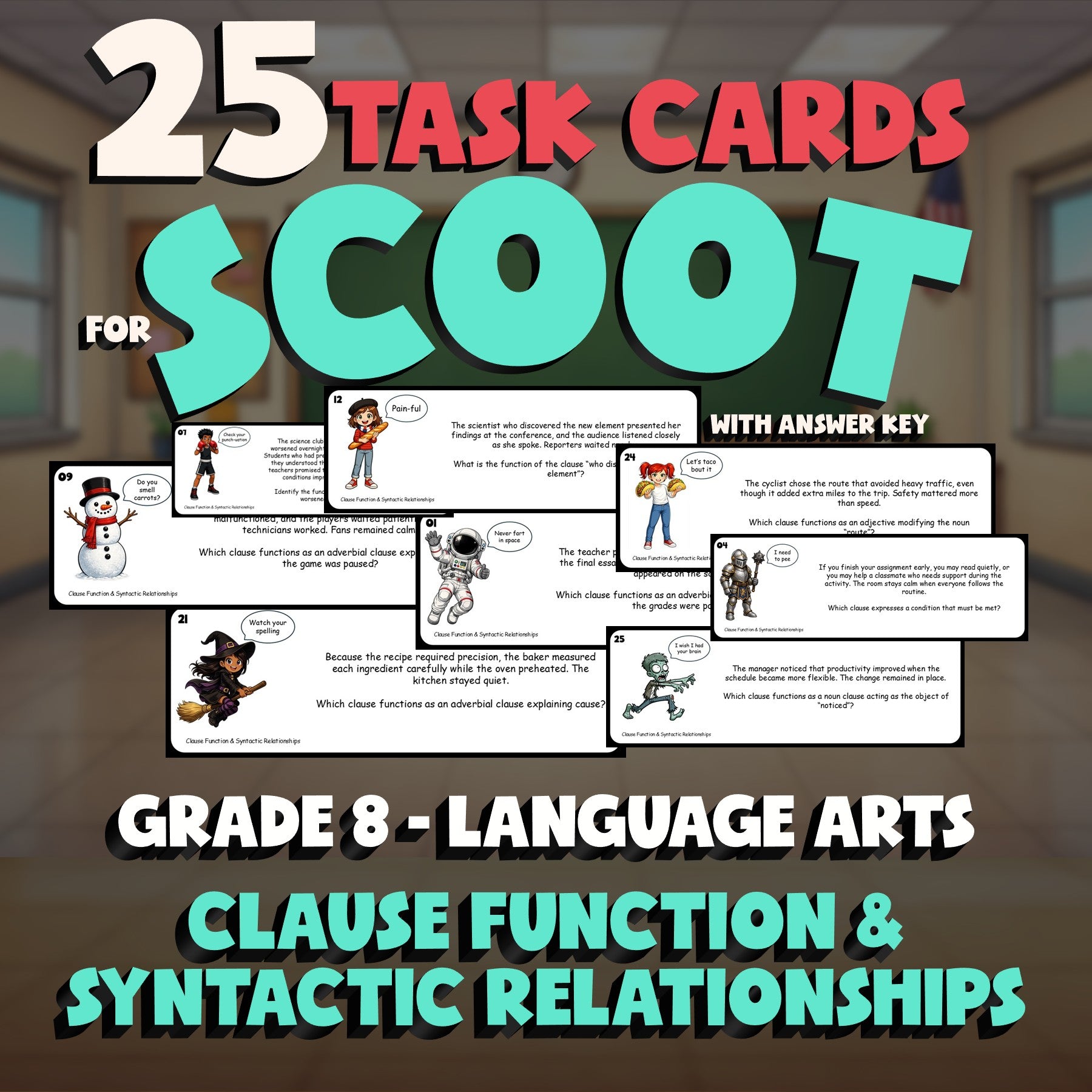 Clause Function & Syntactic Relationships SCOOT TASK CARDS ELA Game - Grade 8