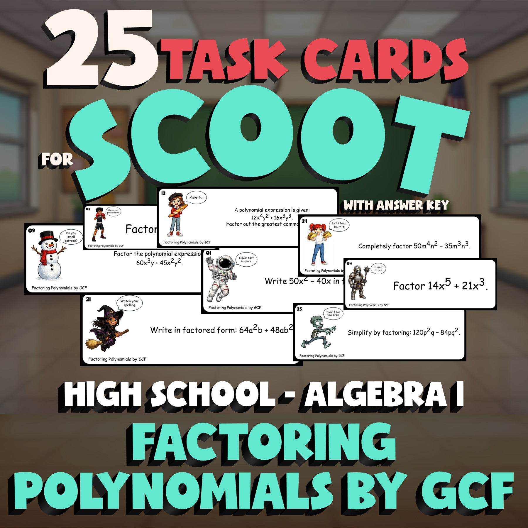 Factoring Polynomials by GCF SCOOT TASK CARDS Math Game - No Prep Algebra 1
