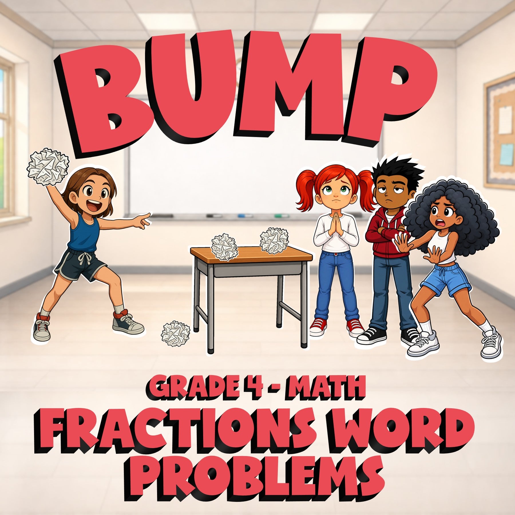 Fractions Word Problems BUMP Math Game - No Prep Grade 4 Review Activity