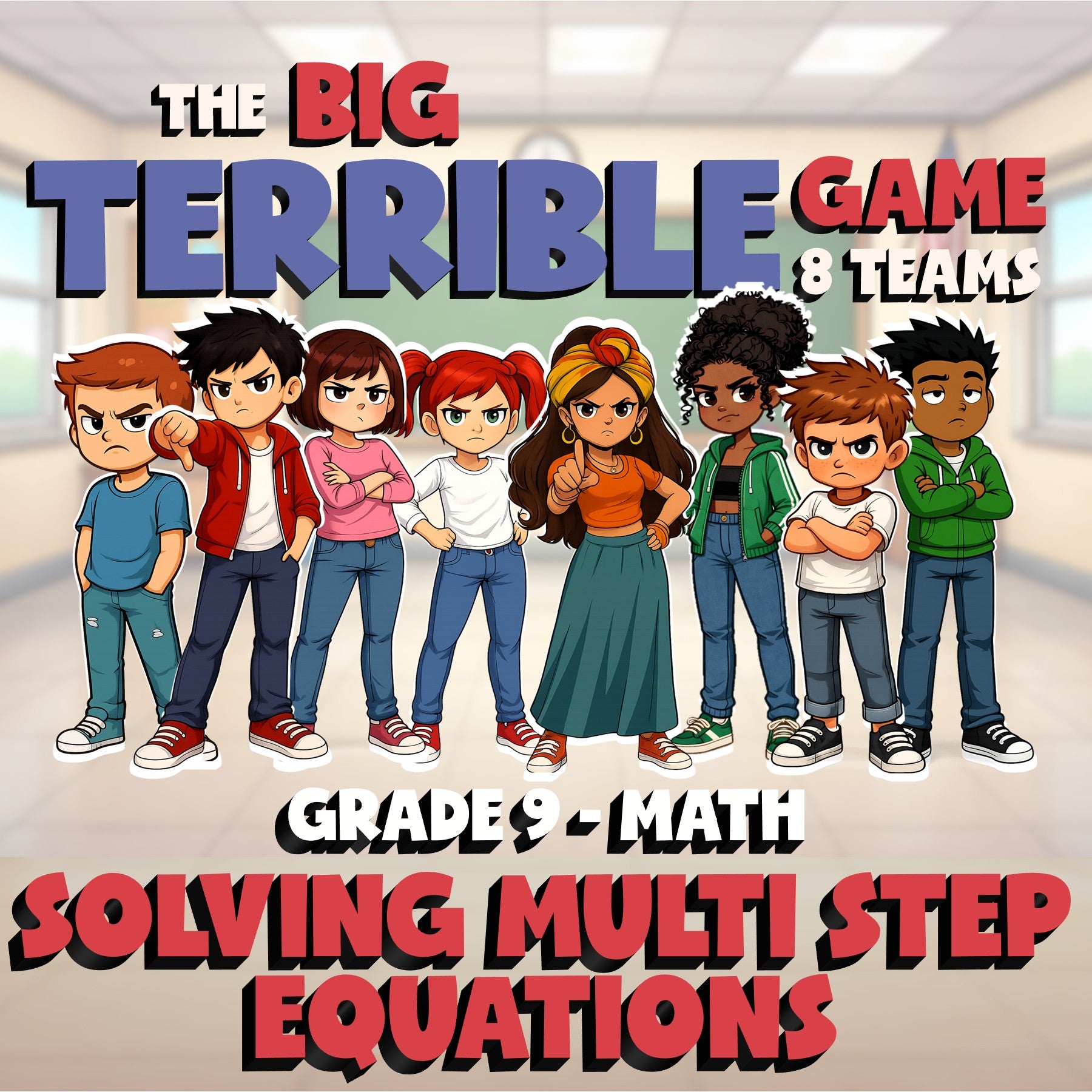 Solving Multi Step Equations BIG TERRIBLE GAME - No Prep Grade 9 Math Review