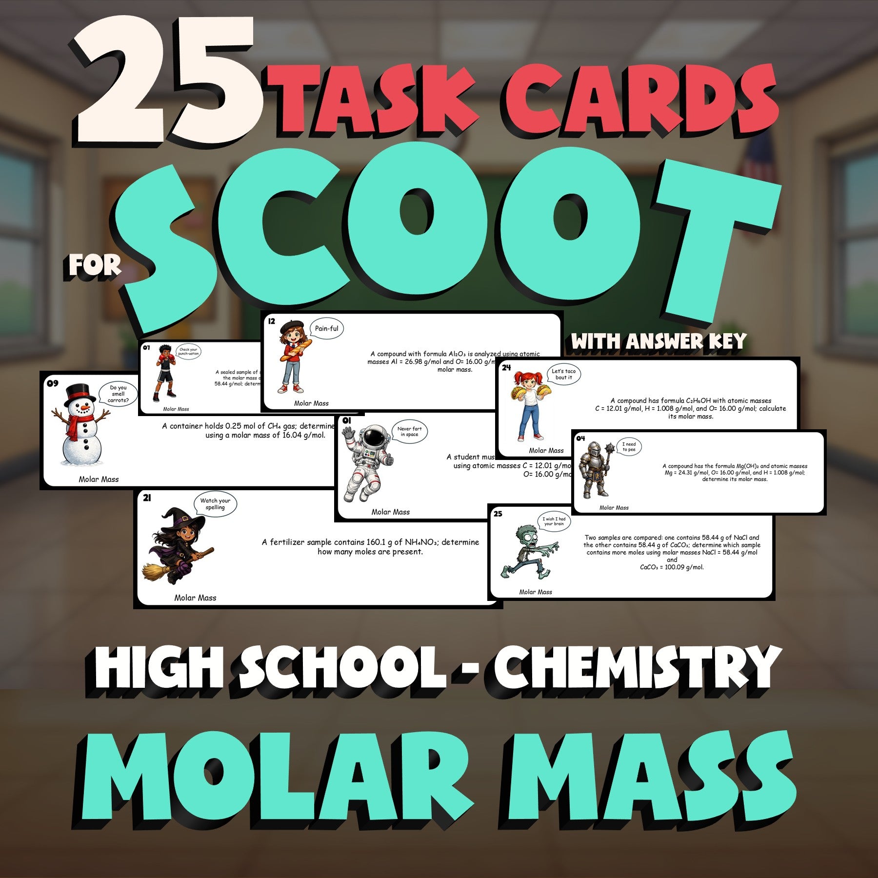 Molar Mass SCOOT TASK CARDS Science Game - No Prep Chemistry Review Activity
