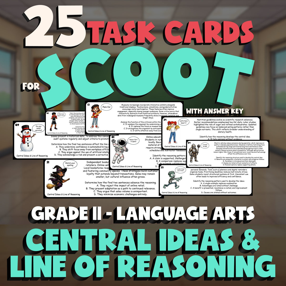 Central Ideas & Line of Reasoning SCOOT TASK CARDS ELA Game - No Prep Grade 11