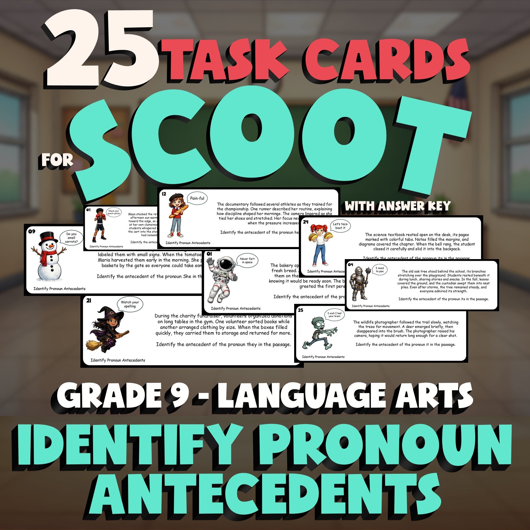 Identify Pronoun Antecedents SCOOT TASK CARDS ELA Game - No Prep Grade 9 Review