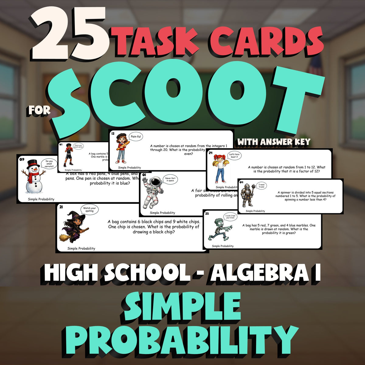 Simple Probability SCOOT TASK CARDS Math Game - No Prep Algebra 1 Review