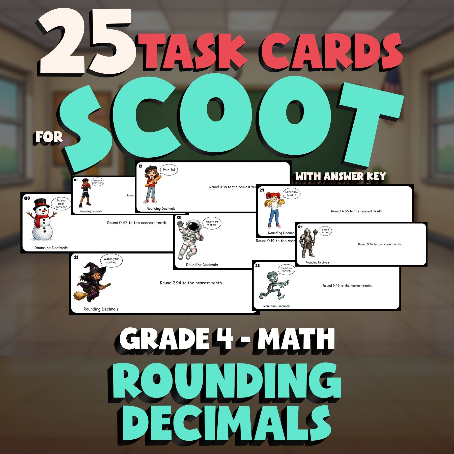 Rounding Decimals SCOOT TASK CARDS Math Game - No Prep Grade 4 Review Activity